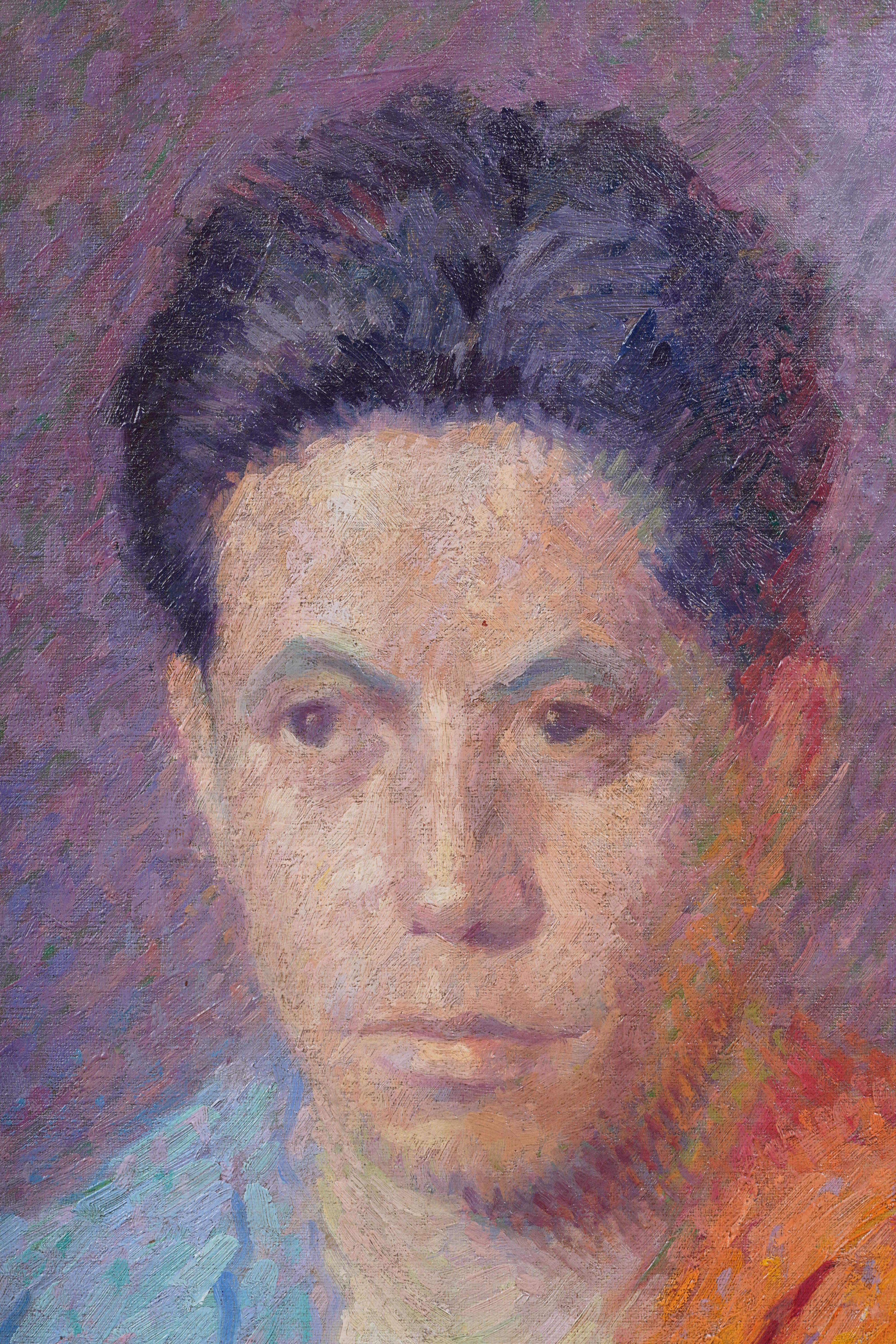 Ancienne peinture à l'huile impressionniste américaine encadrée 1918 Portrait d'homme signé en vente 3