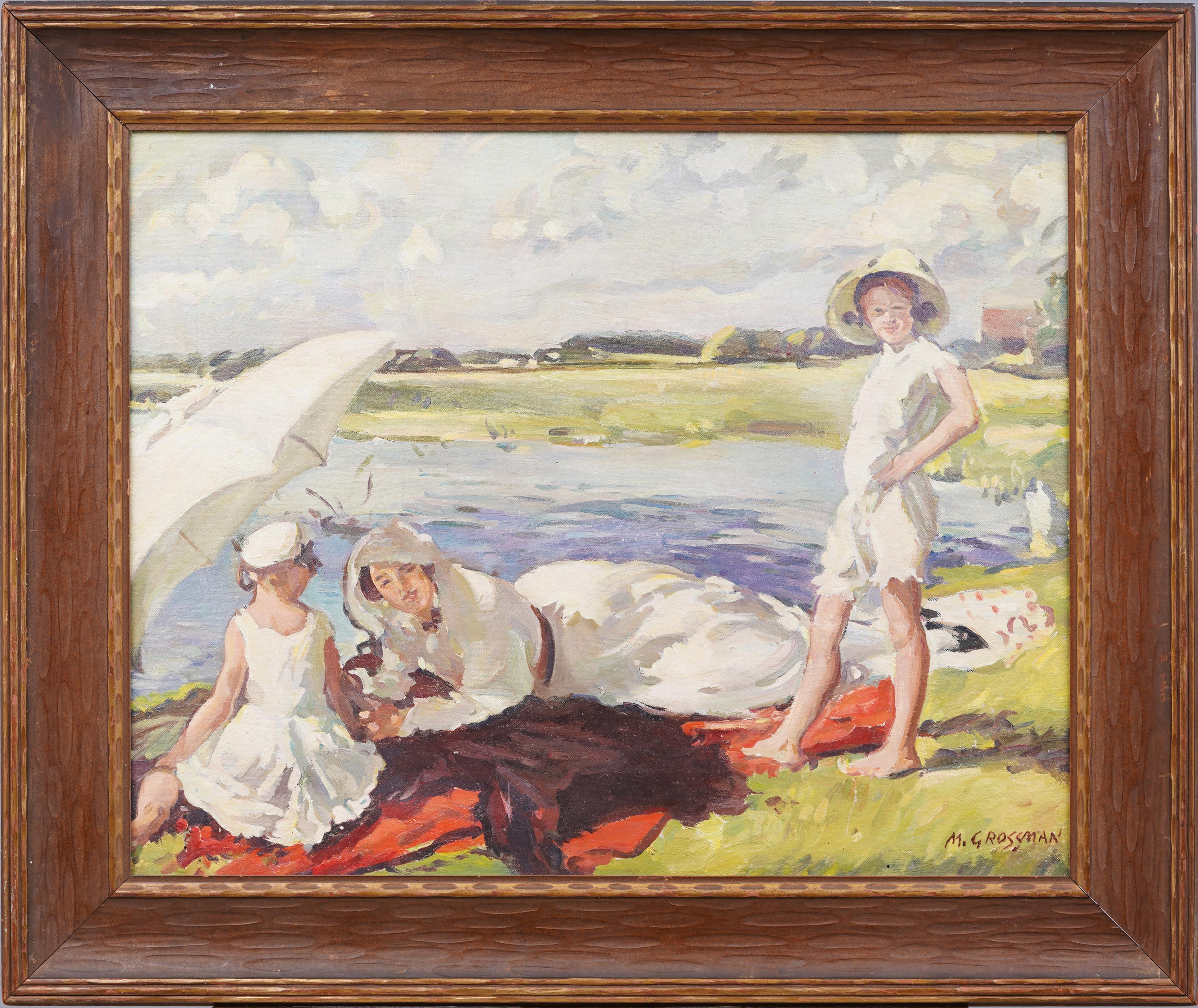 Ancienne peinture à l'huile américaine impressionniste encadrée représentant une scène de plage, signée - Painting de Unknown