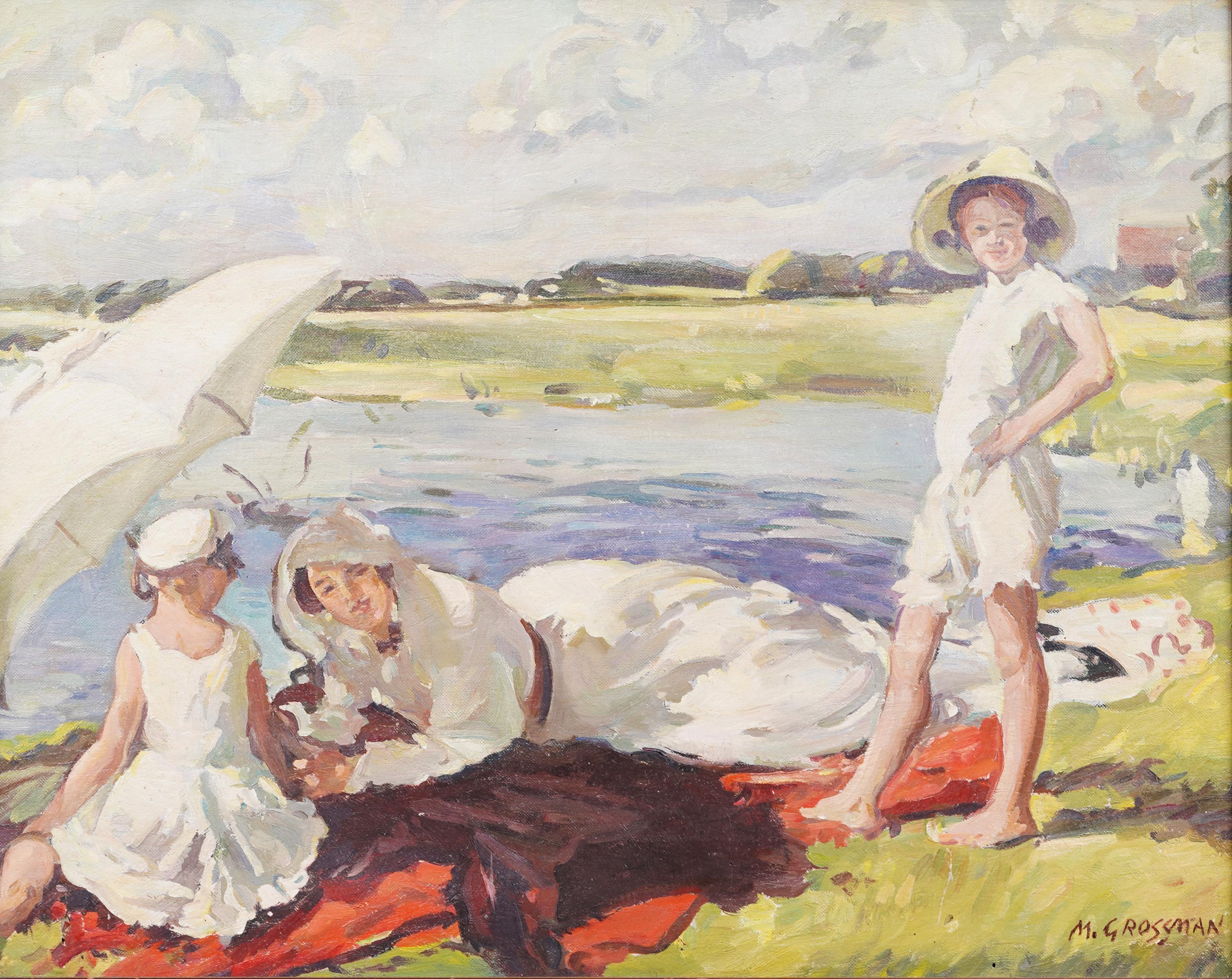 Antique American Impressionist Framed Beach Scene Signed Elegant Oil Painting For Sale 1