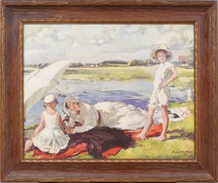Ancienne peinture à l'huile américaine impressionniste encadrée représentant une scène de plage, signée