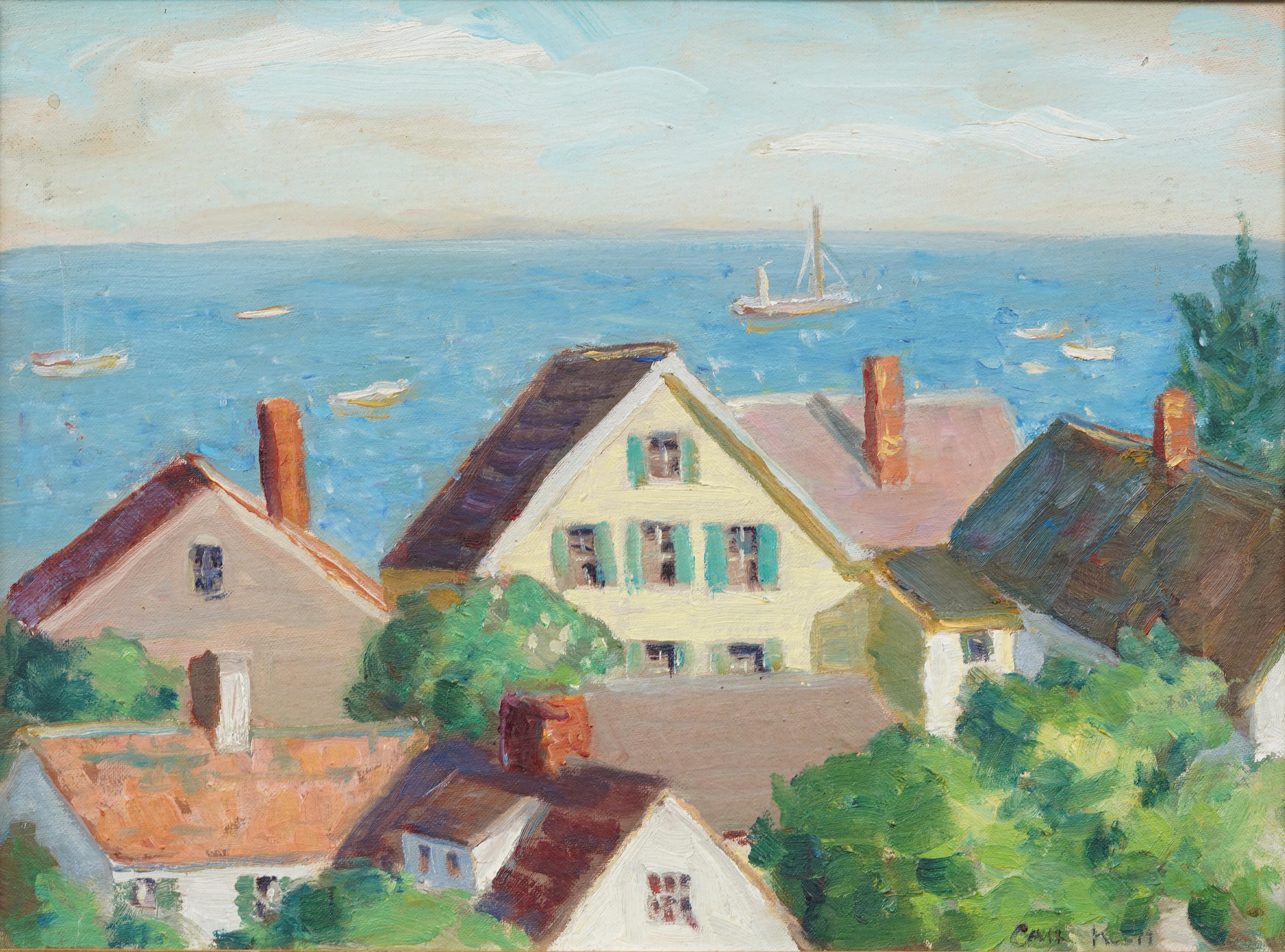 Antique American impressionist signed coastal seascape oil painting. Oil on canvasboard. Framed. Signed.  Measuring: 14 by 18 inches overall, and 12 by 16 painting alone.  In excellent original condition. Handsomely framed in a  giltwood molding. 