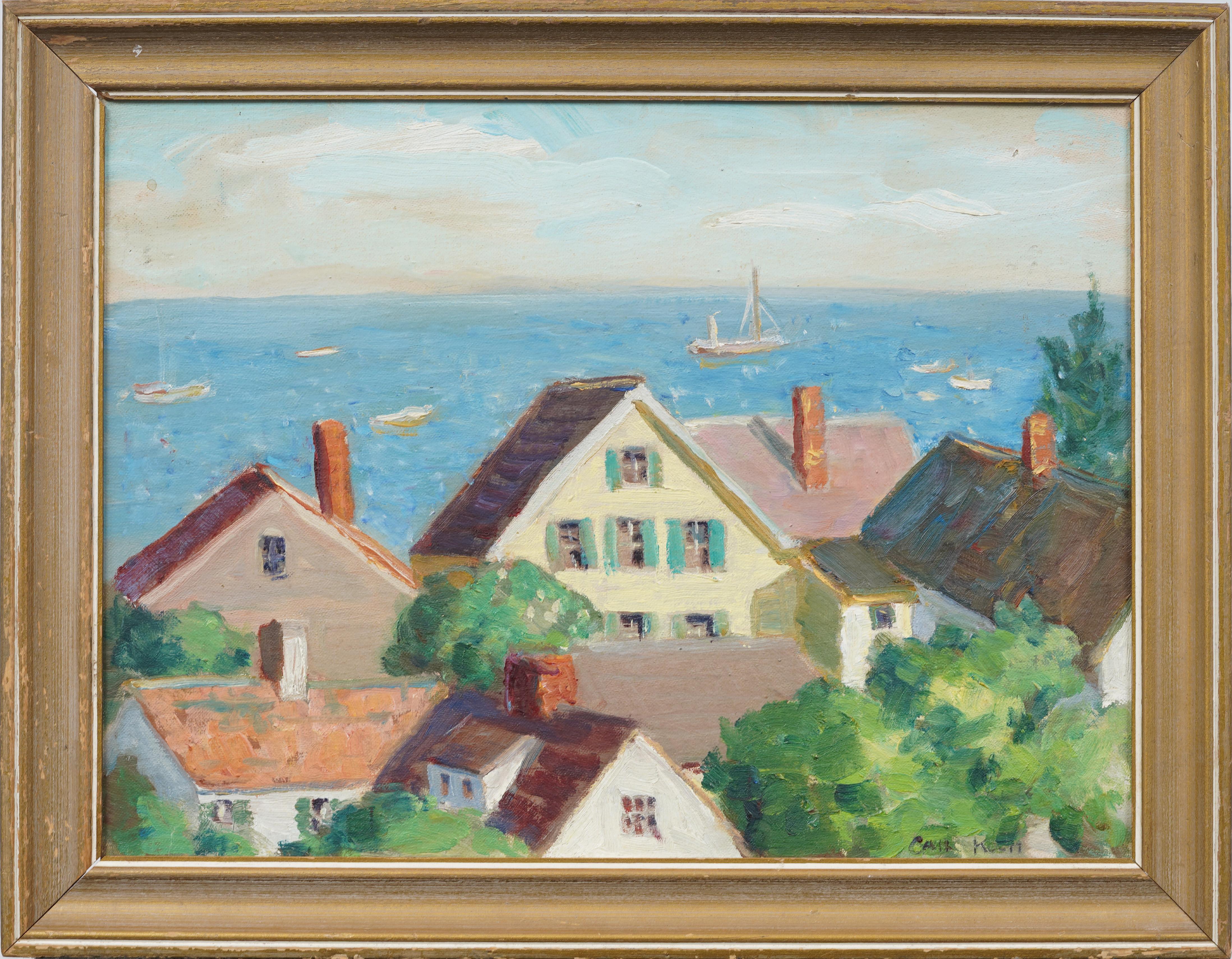Antico dipinto ad olio originale dell'Impressionismo Americano con cornice, Paesaggio marino costiero