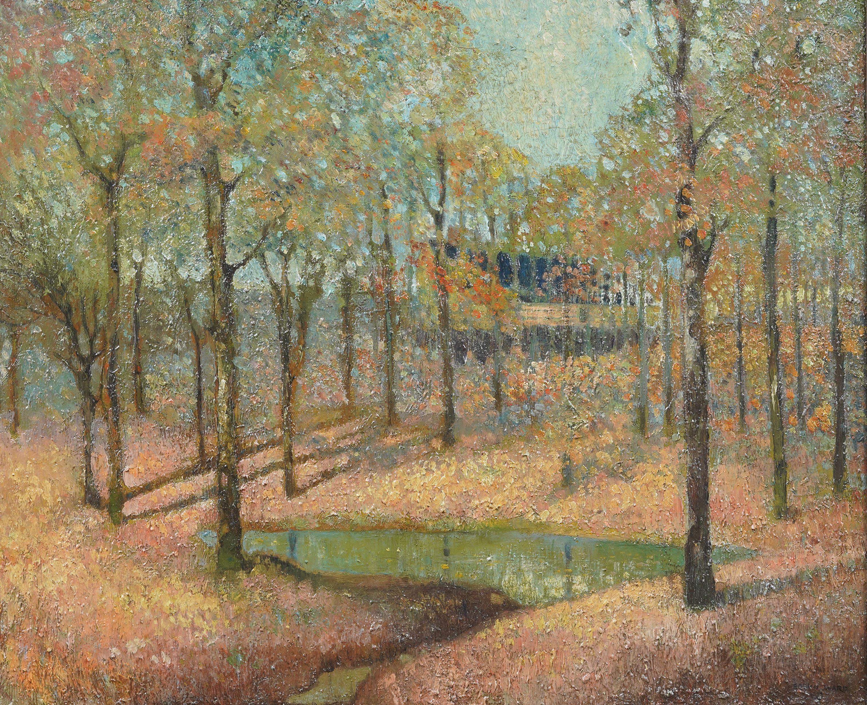 Antike amerikanische Impressionisten gerahmt Herbstlandschaft signiert frühen Ölgemälde (Braun), Landscape Painting, von Unknown