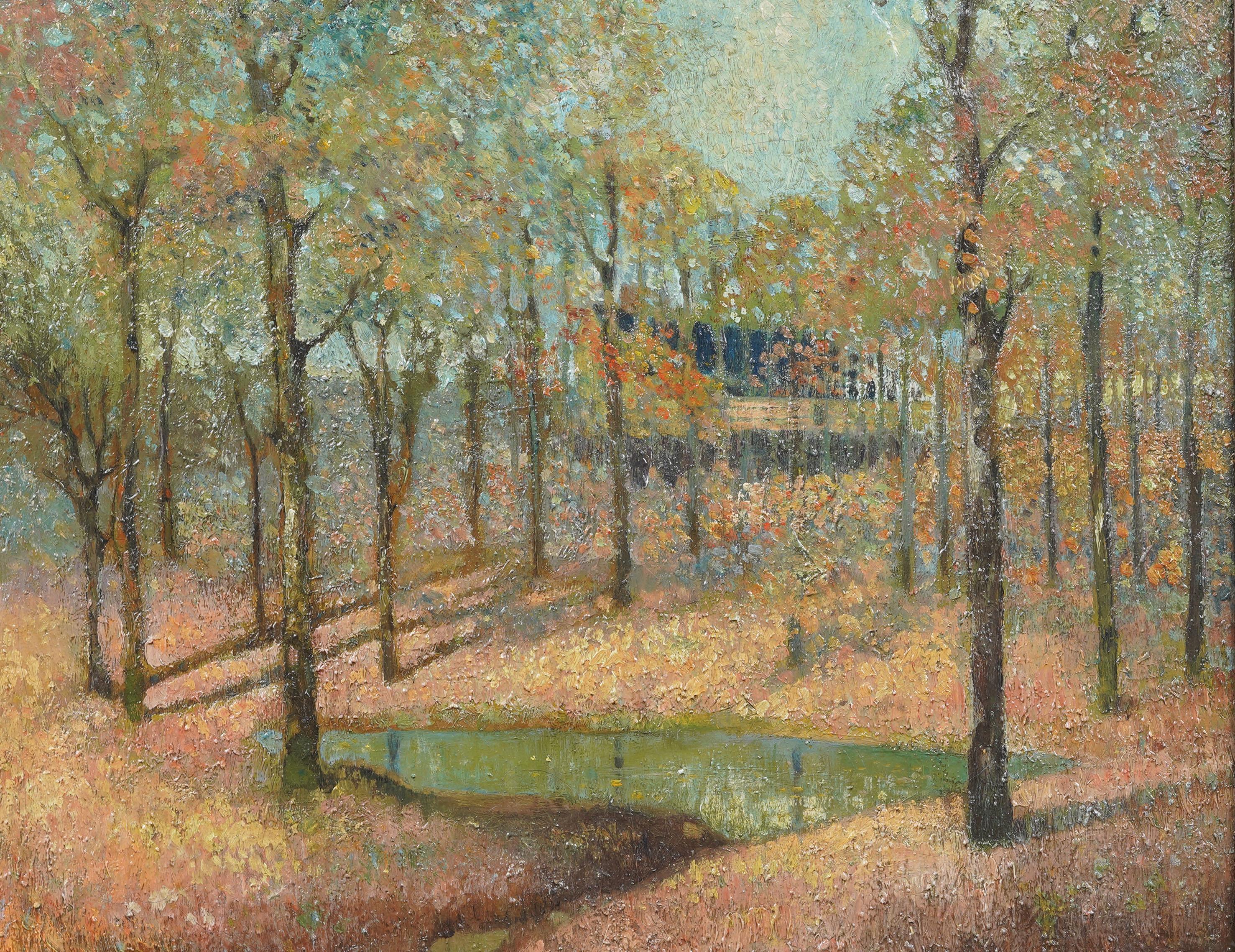 Antike amerikanische impressionistische Herbstlandschaft Ölgemälde. Öl auf Leinwand. Gerahmt. Unterschrieben.  Maße: 24 x 27 cm insgesamt und 18 x 22 cm Gemälde allein.  In ausgezeichnetem Originalzustand. Hübsch eingerahmt in einem  Vergoldete