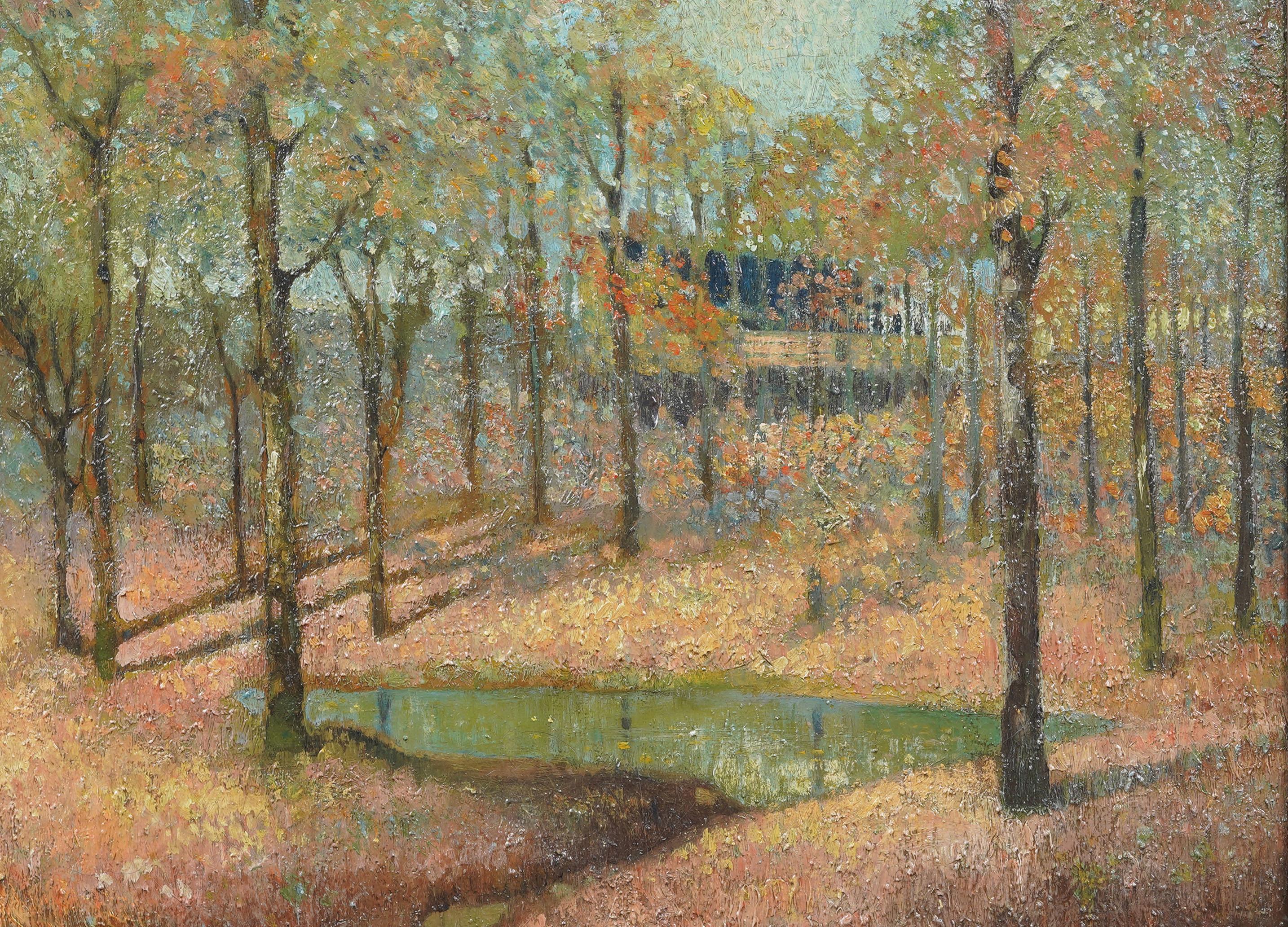 Antike amerikanische Impressionisten gerahmt Herbstlandschaft signiert frühen Ölgemälde im Angebot 1
