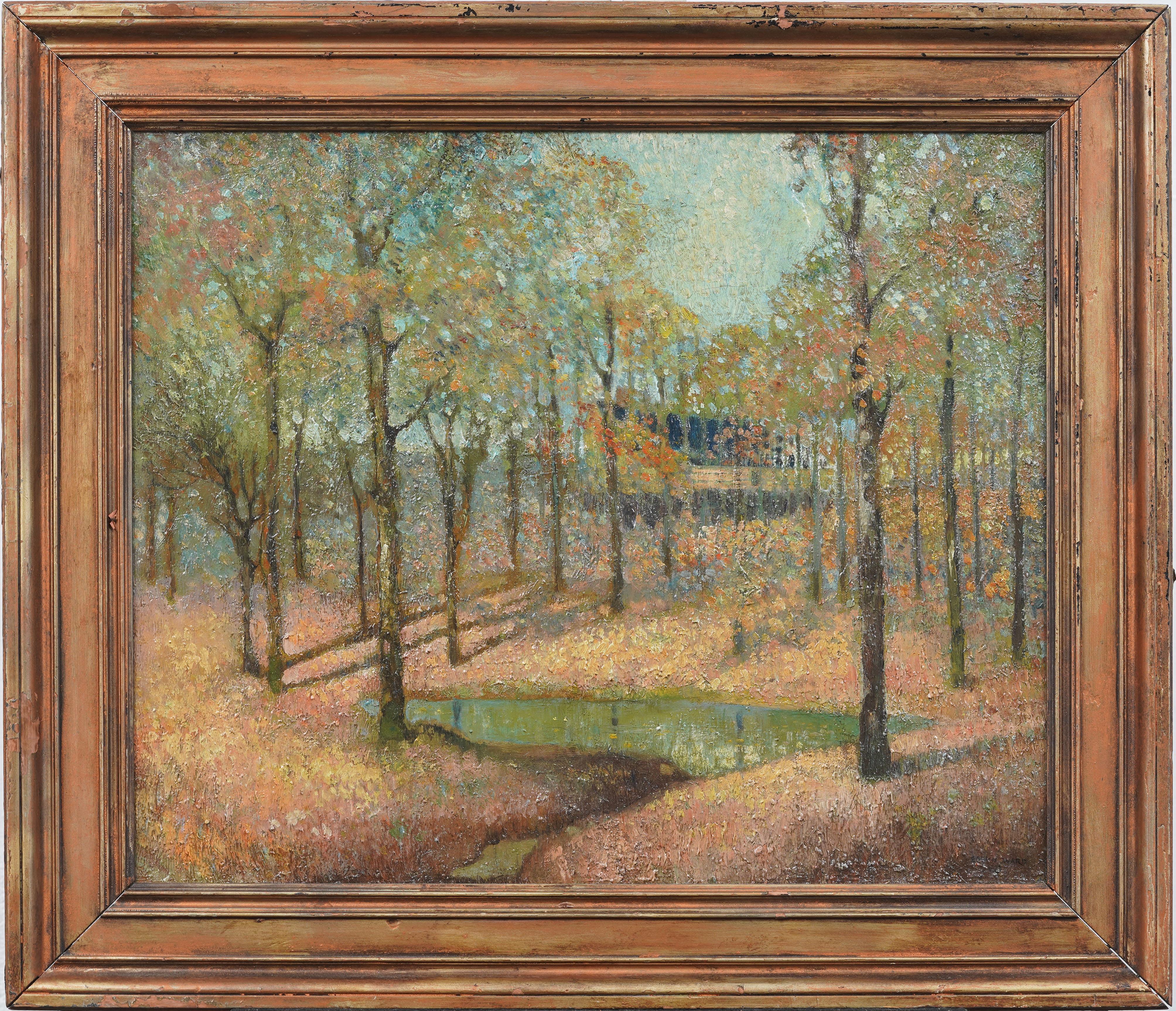 Unknown Landscape Painting – Antike amerikanische Impressionisten gerahmt Herbstlandschaft signiert frühen Ölgemälde