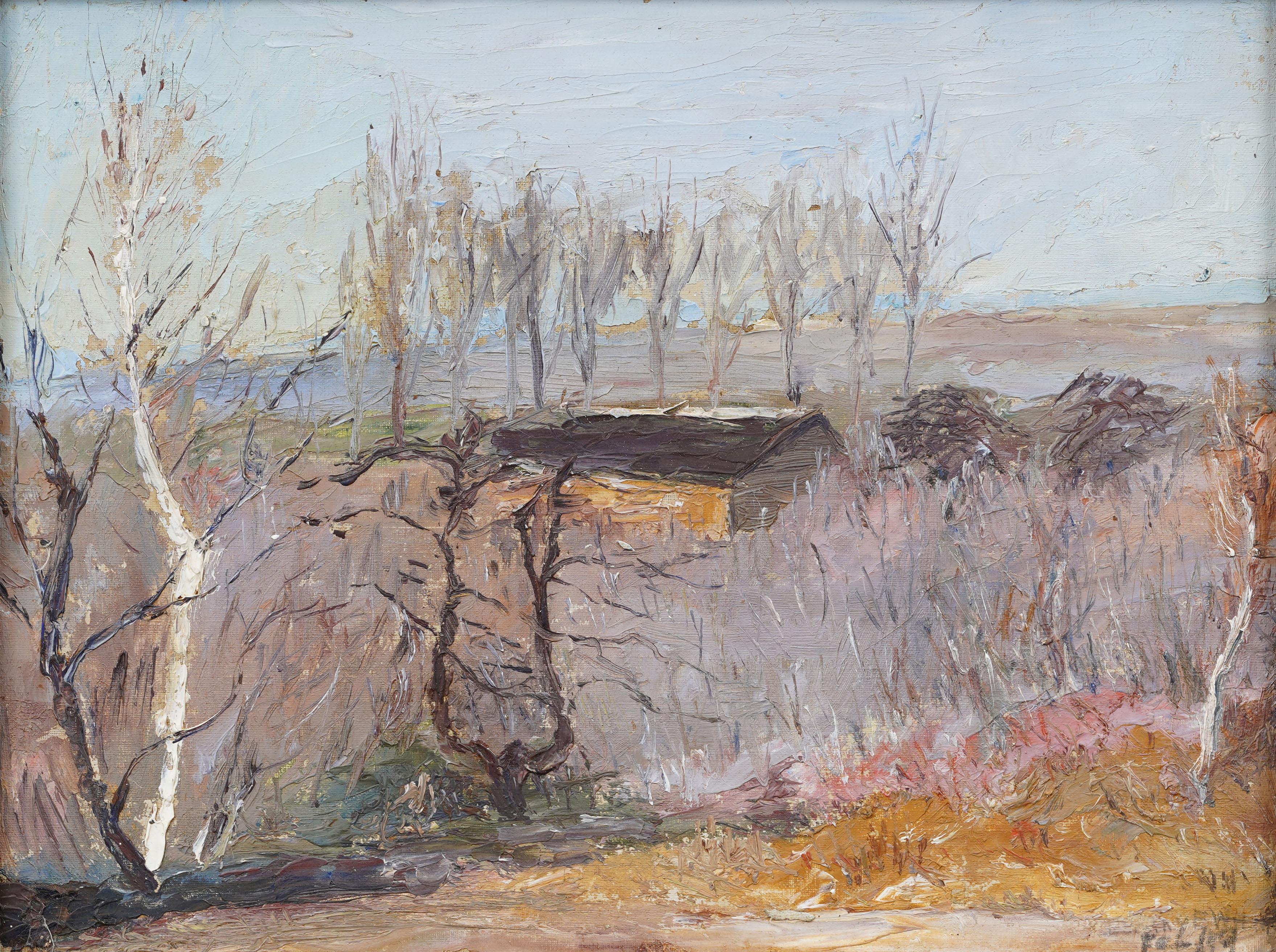 Early 20th-century impressionist oil landscape showing a rustic cabin among bare trees with a distant row of poplars, painted during late winter thaw. Inscribed on the verso: “Looking north from Greenfield Hill, Fairfield, Conn., with Mother. Feb.
