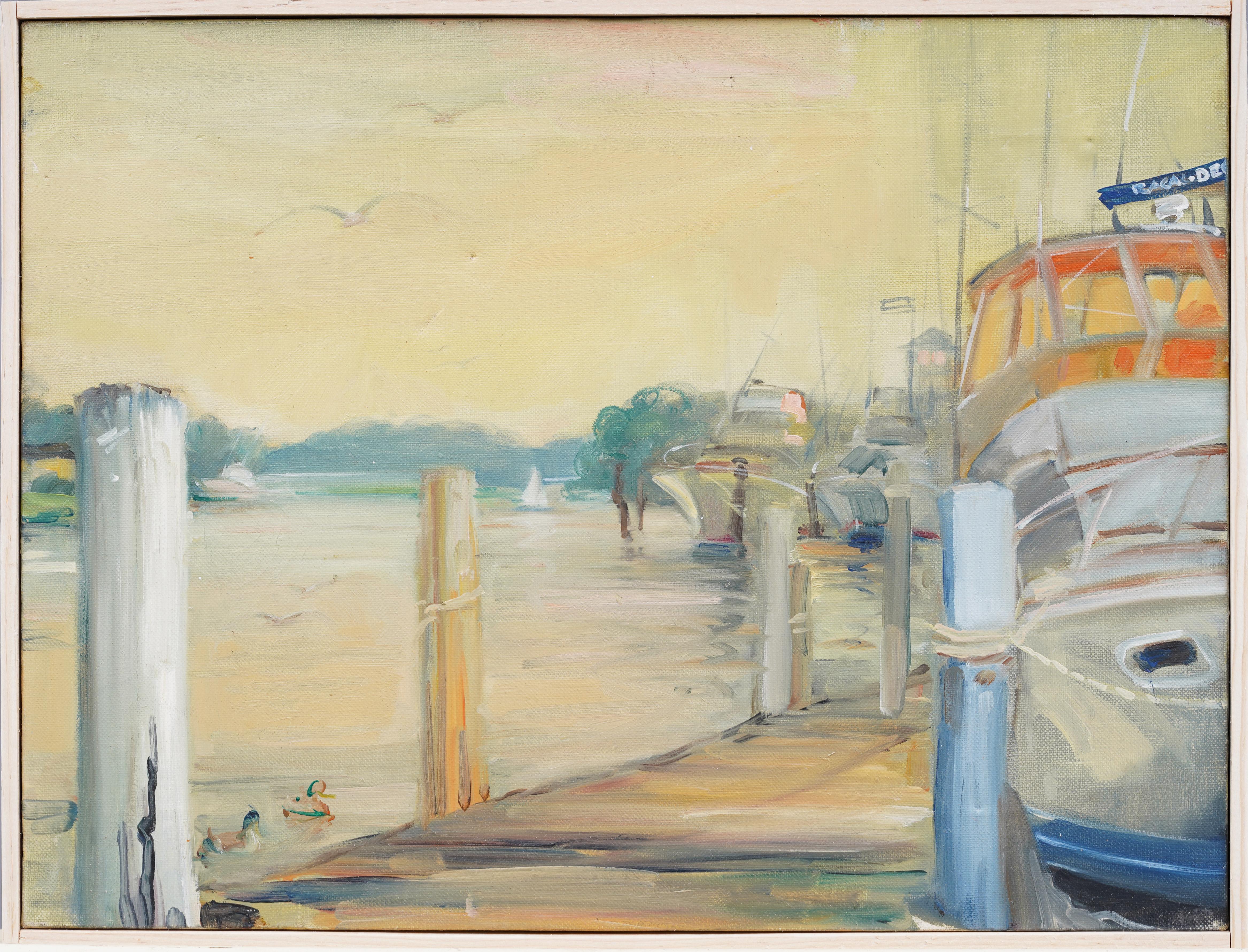 Vintage impressionist dock scene painting.  Oil on canvas.  Framed.  No signature found.