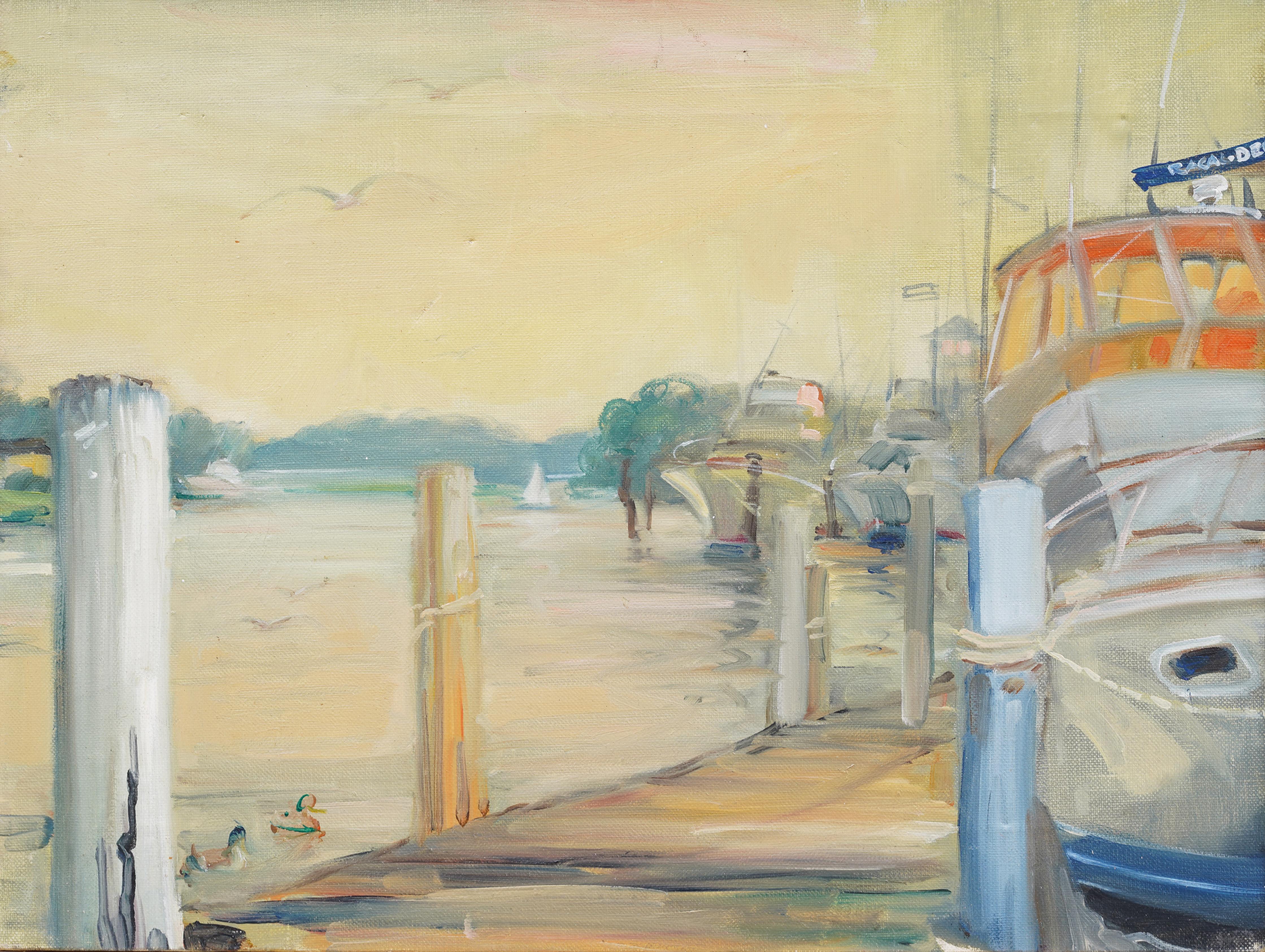 Antique American Impressionist Framed Harbor Scene Seascape Sunset Oil Painting For Sale 1