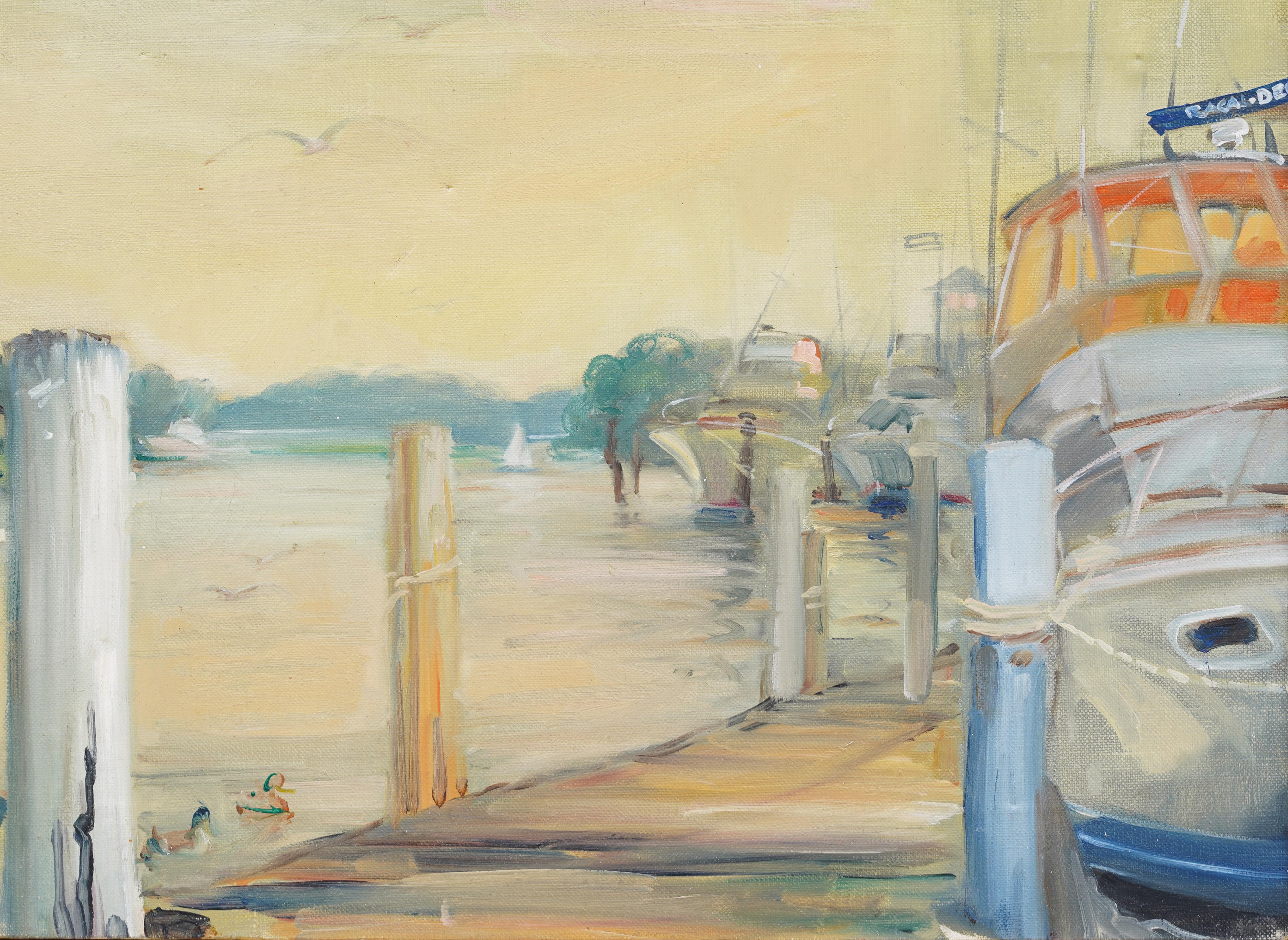Antique American Impressionist Framed Harbor Scene Seascape Sunset Oil Painting For Sale 2