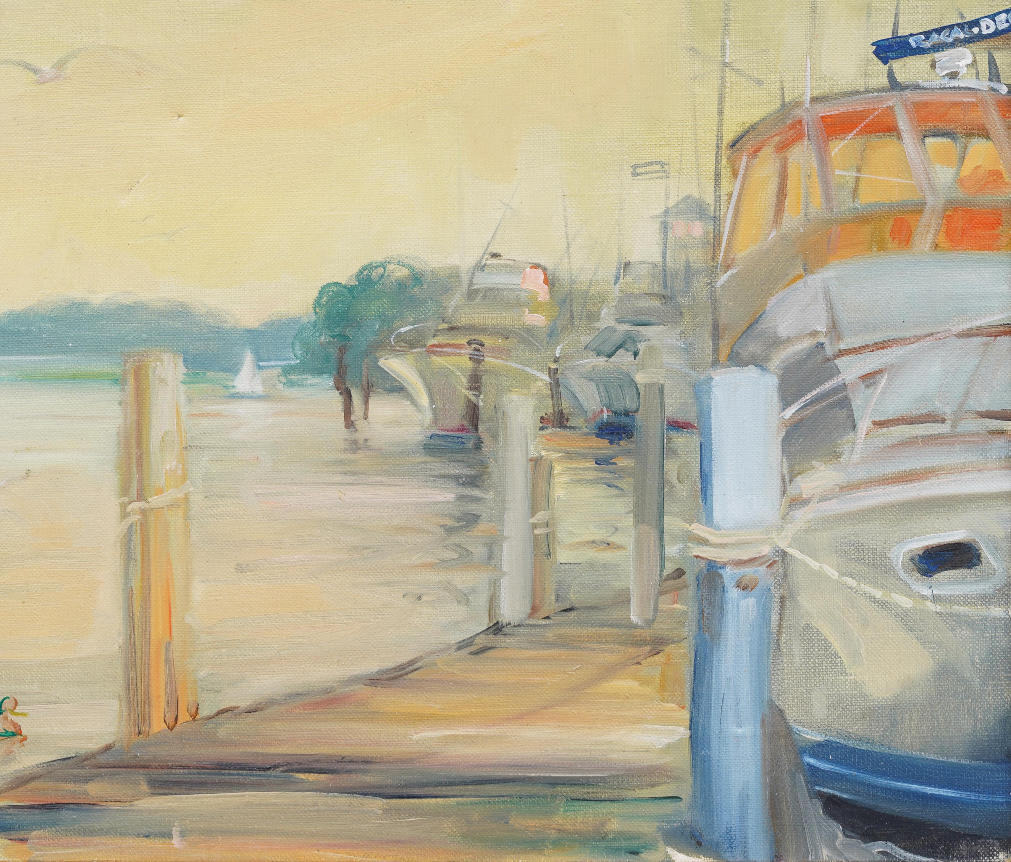Antique American Impressionist Framed Harbor Scene Seascape Sunset Oil Painting For Sale 3