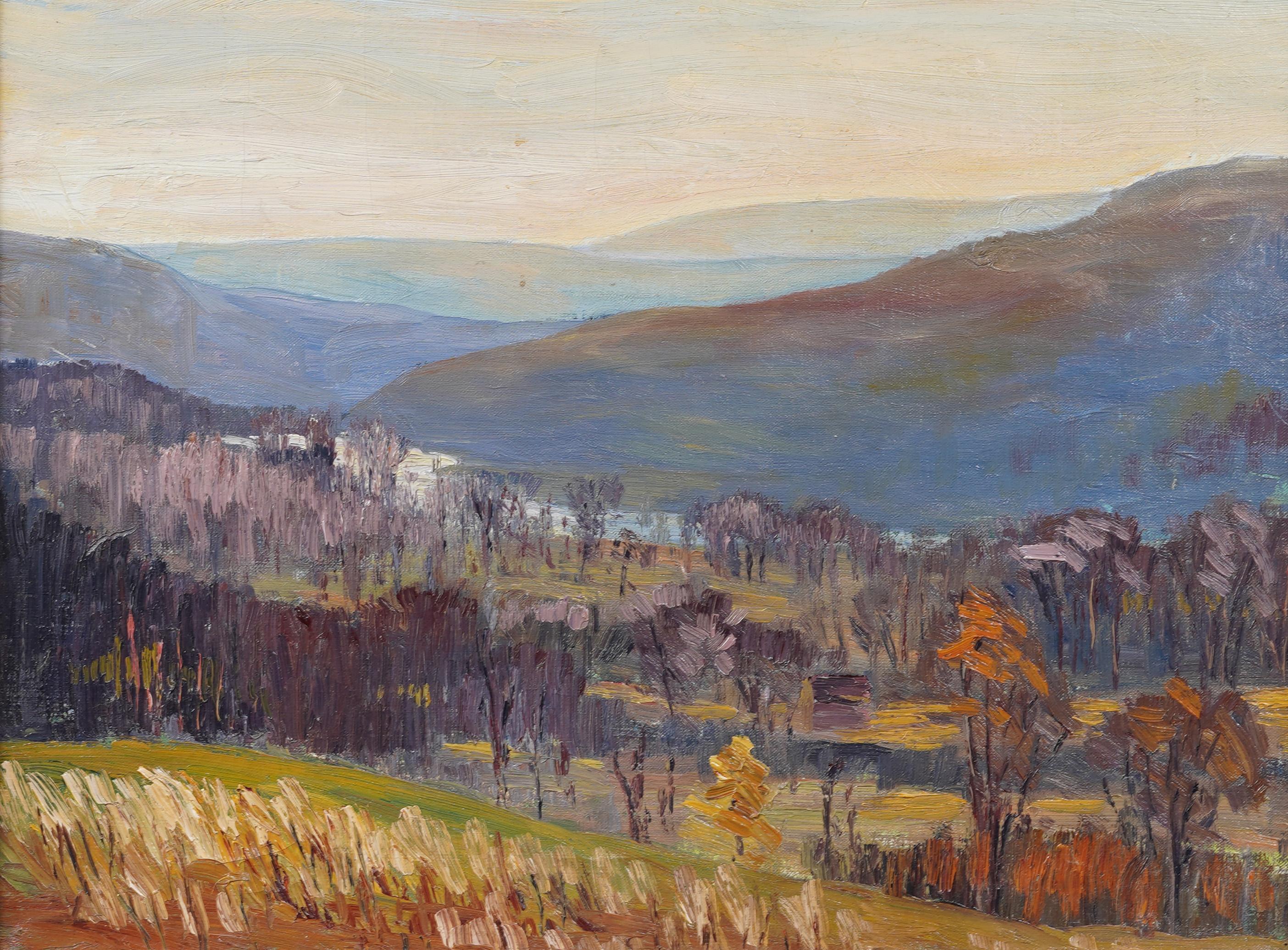 Antiguo paisaje impresionista americano Cuadro al óleo firmado y enmarcado - Abstract Painting Marrón de Unknown