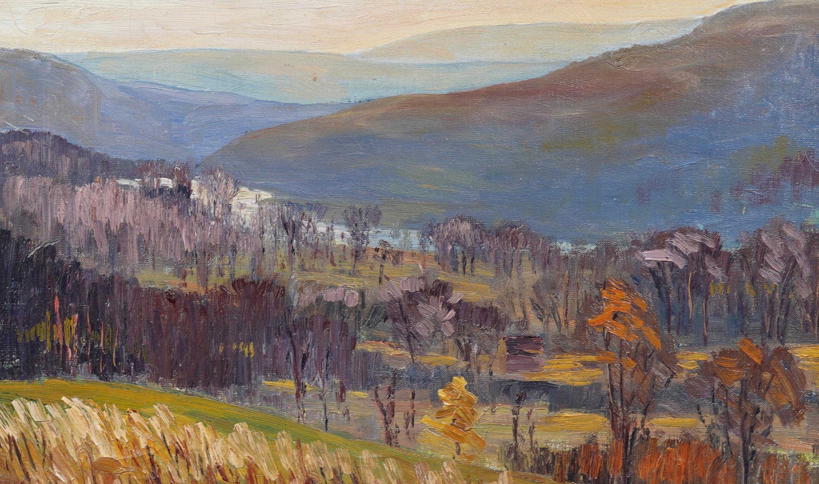 Paisaje impresionista americano finamente pintado y enmarcado en dorado.  Óleo sobre lienzo.  Tamaño de la imagen, 16 por 20 pulgadas.  Excelente estado, listo para colgar. 