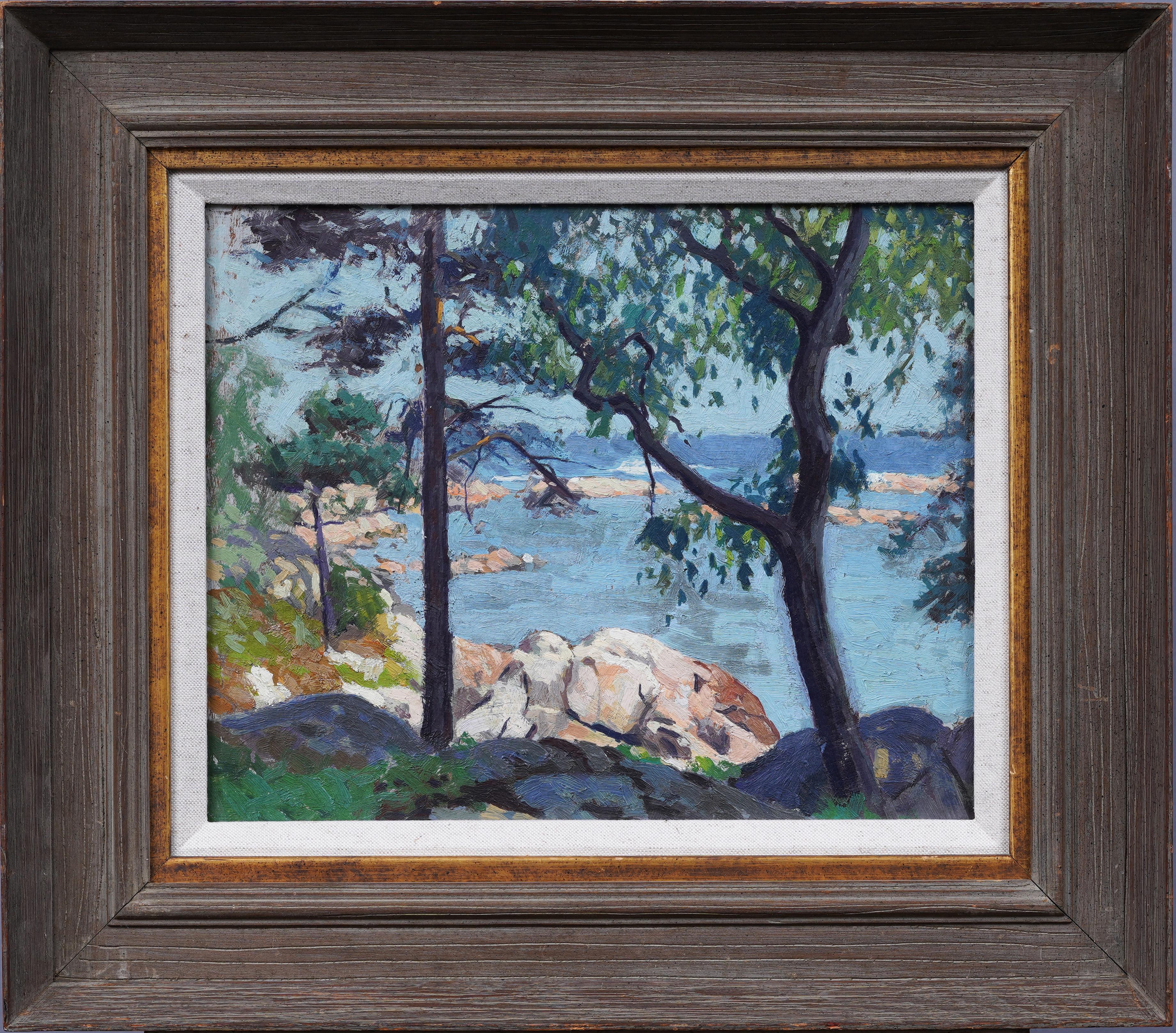 Antiguo cuadro al óleo impresionista americano enmarcado Paisaje costero de Nueva Inglaterra - Painting de Unknown