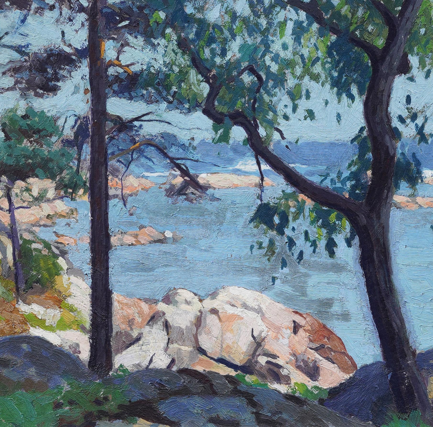 Paisaje costero impresionista americano finamente pintado. Óleo sobre tabla.  Enmarcado.  Firmado en el reverso.  Tamaño de la imagen, 13 por 16 pulgadas.  
