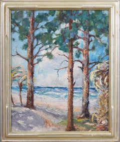 Antique American Impressionist Framed Palm Tree Tropical Beach Scene Painting