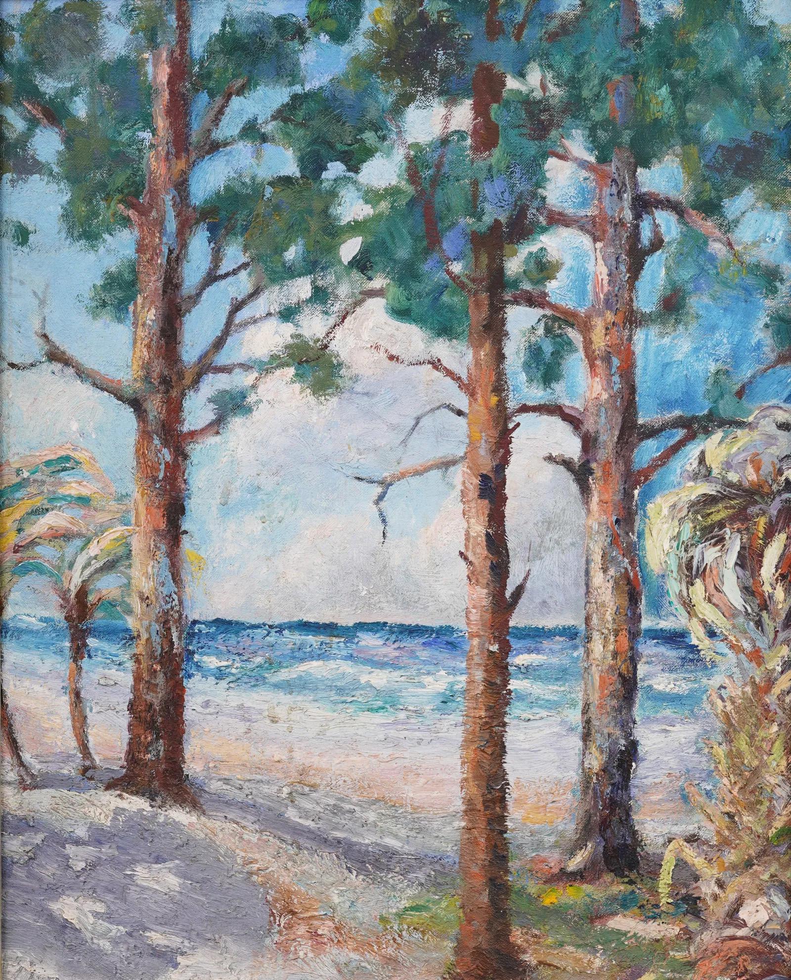 Pintura antigua Impresionista Americana Enmarcada Palmera Escena Tropical de Playa - Landscape Painting Gris de Unknown