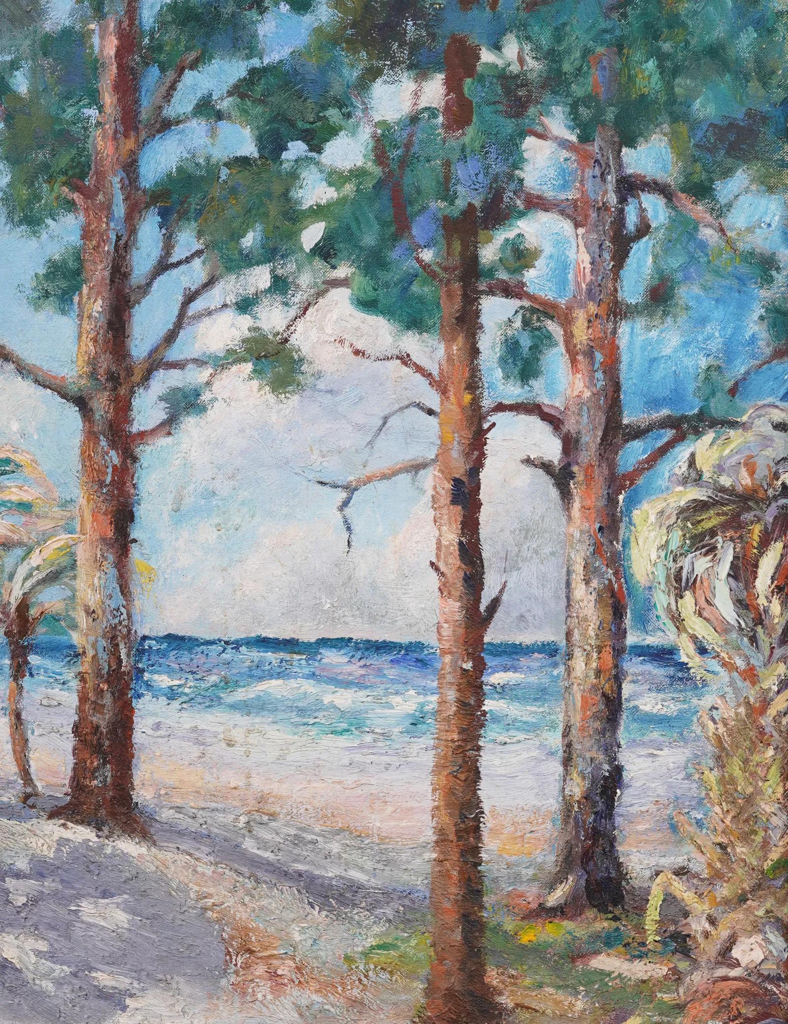 Impresionante pintura al óleo de principios del impresionismo americano sobre una escena playera de Florida.  Enmarcado.  Óleo sobre lienzo.   Tamaño de la imagen, 19H por 15L.
