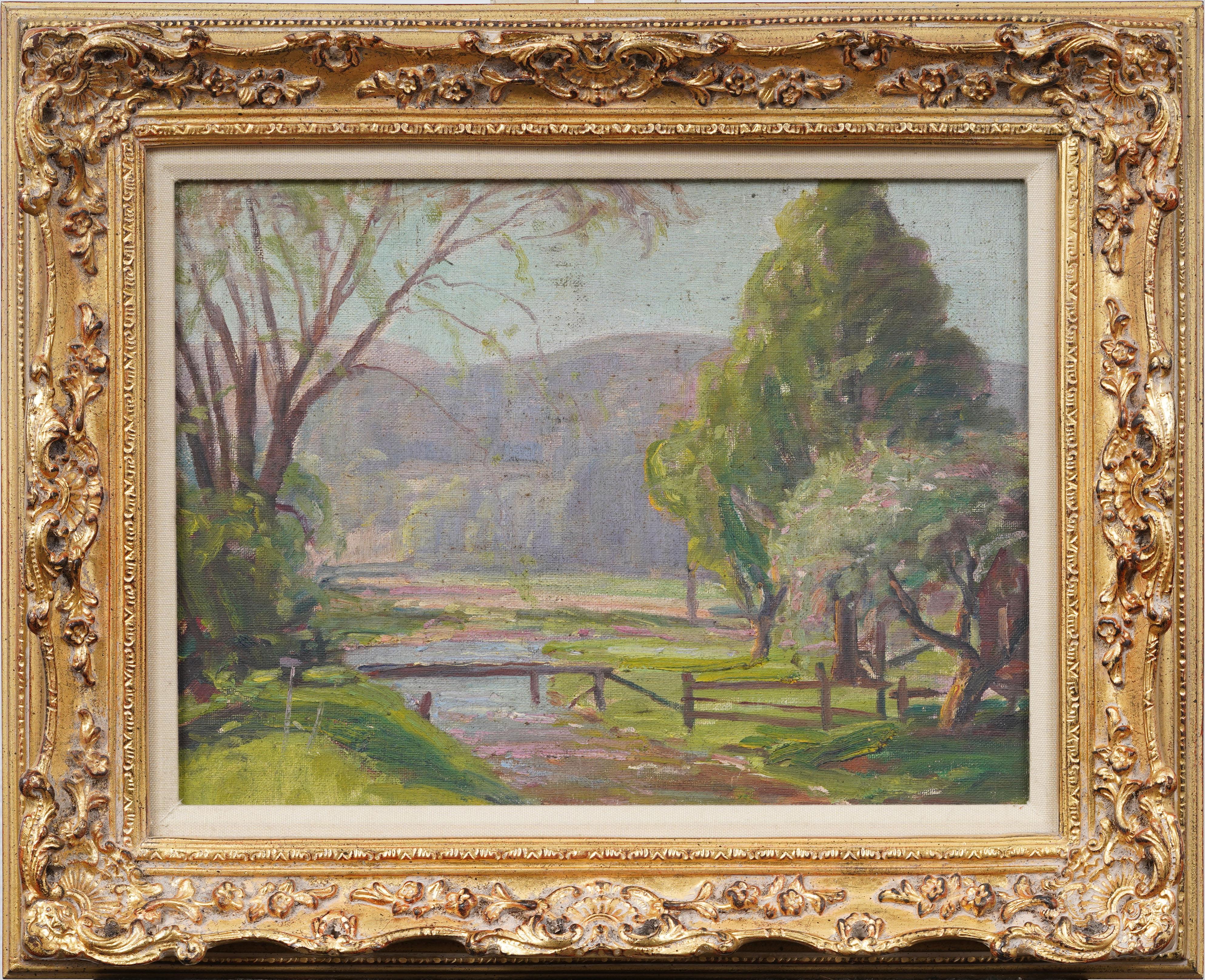 Antique American Impressionist Framed River Landscape Summer Oil Painting - Brown Landscape Painting by Unknown
