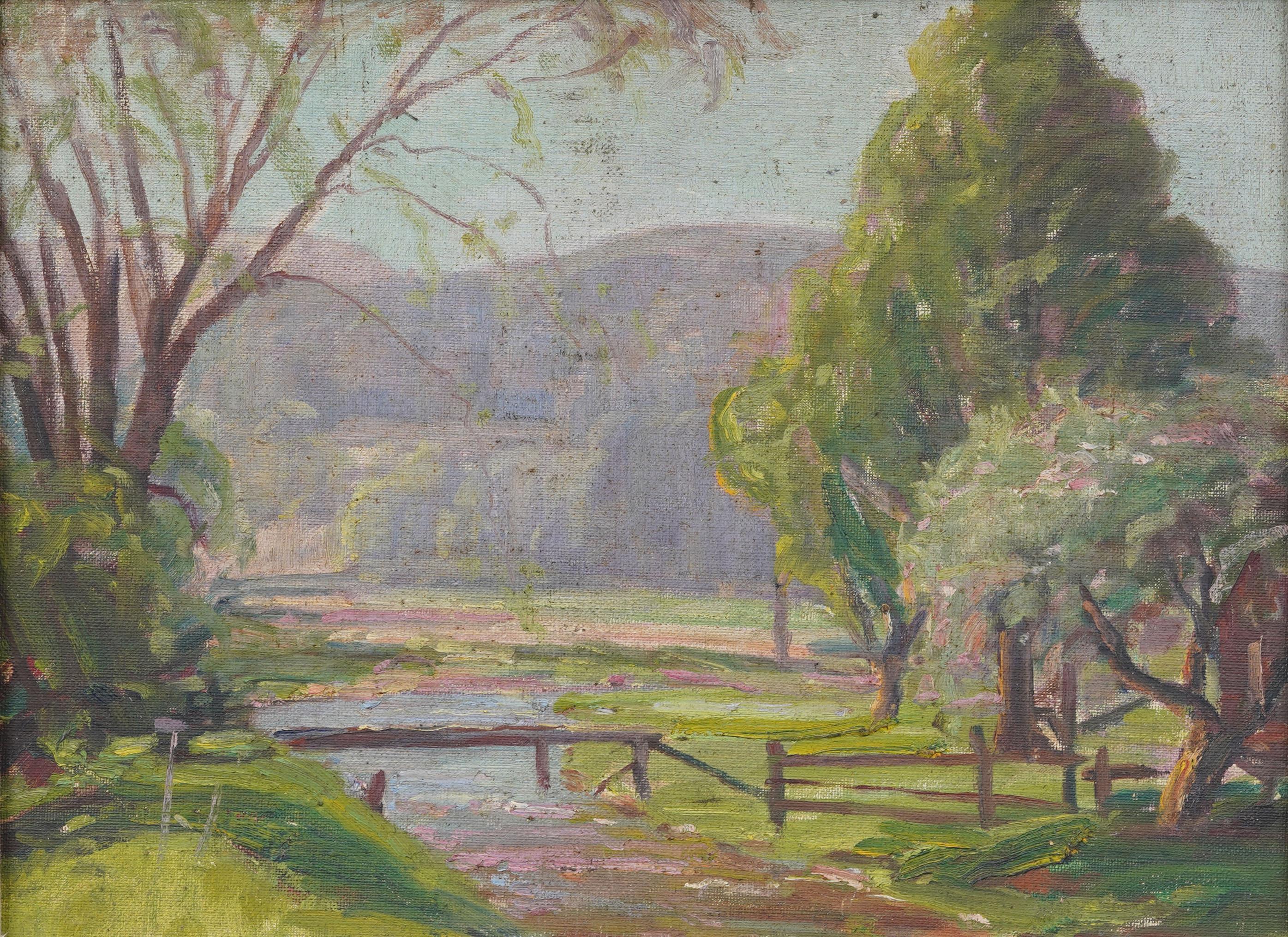 Antique American impressionist landscape oil painting.  Oil on canvas board.  Framed.  