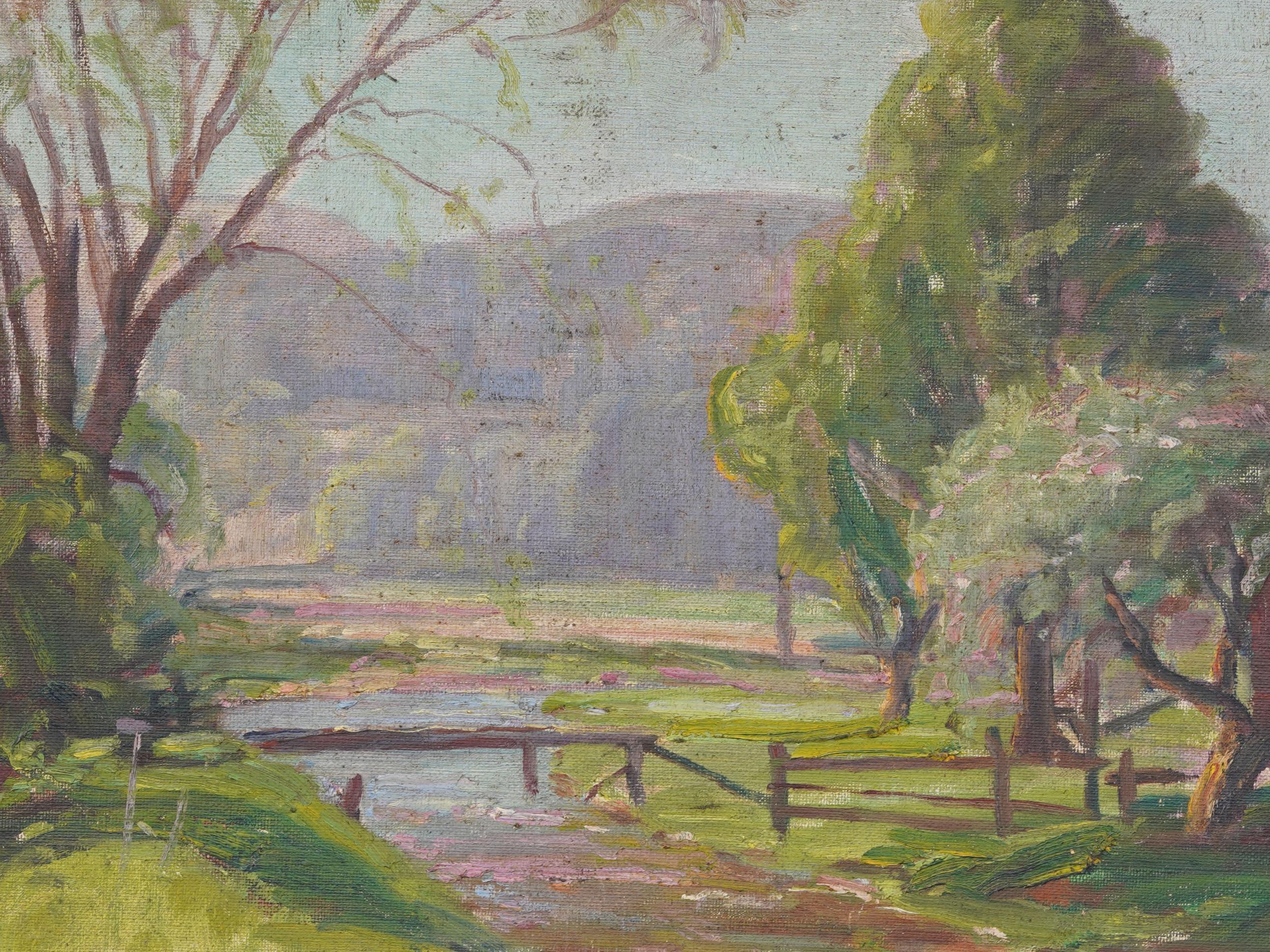 Antique American Impressionist Framed River Landscape Summer Oil Painting For Sale 1