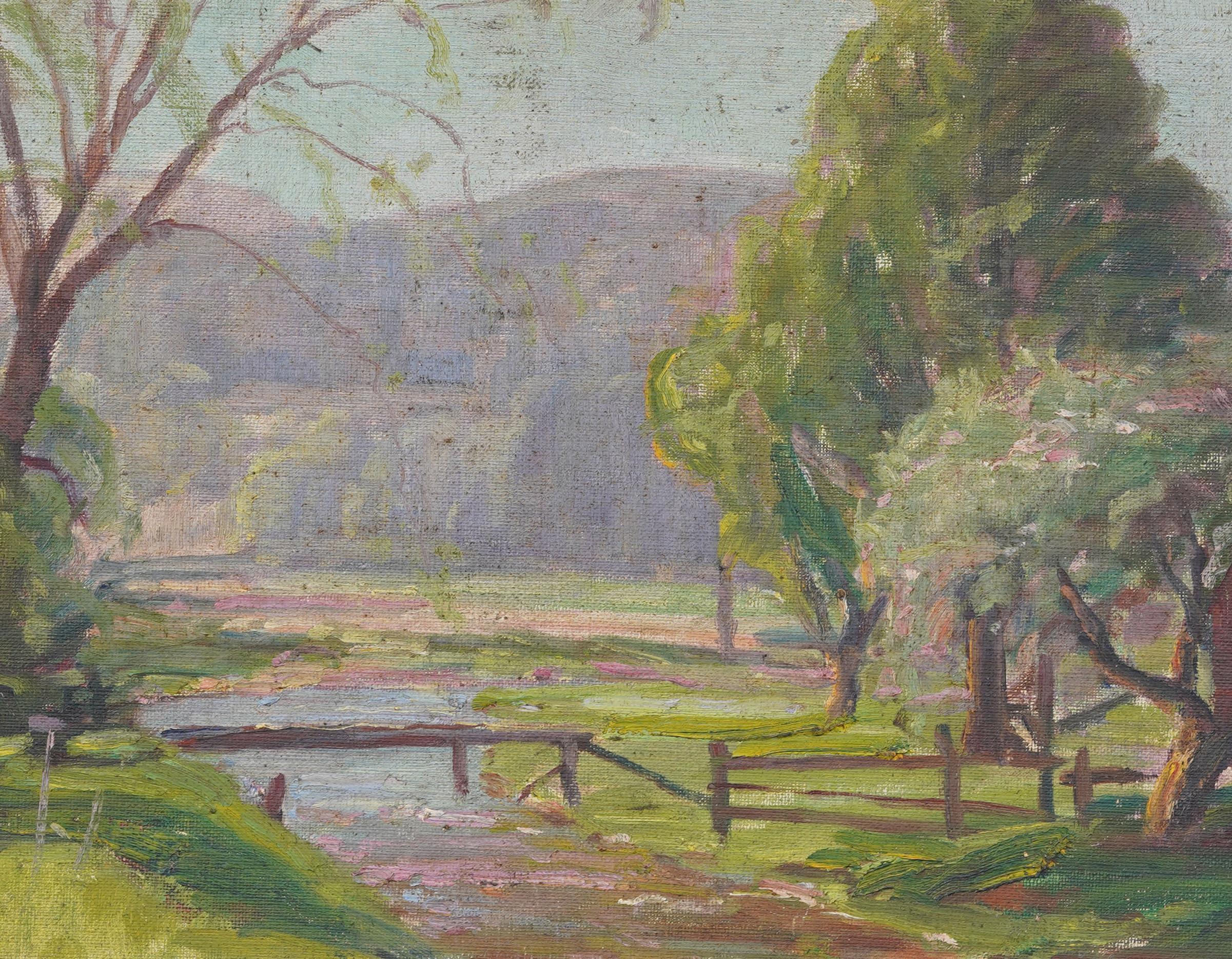 Antique American Impressionist Framed River Landscape Summer Oil Painting For Sale 2