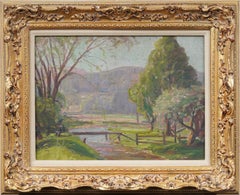 Antique American Impressionist Framed River Landscape Summer Oil Painting