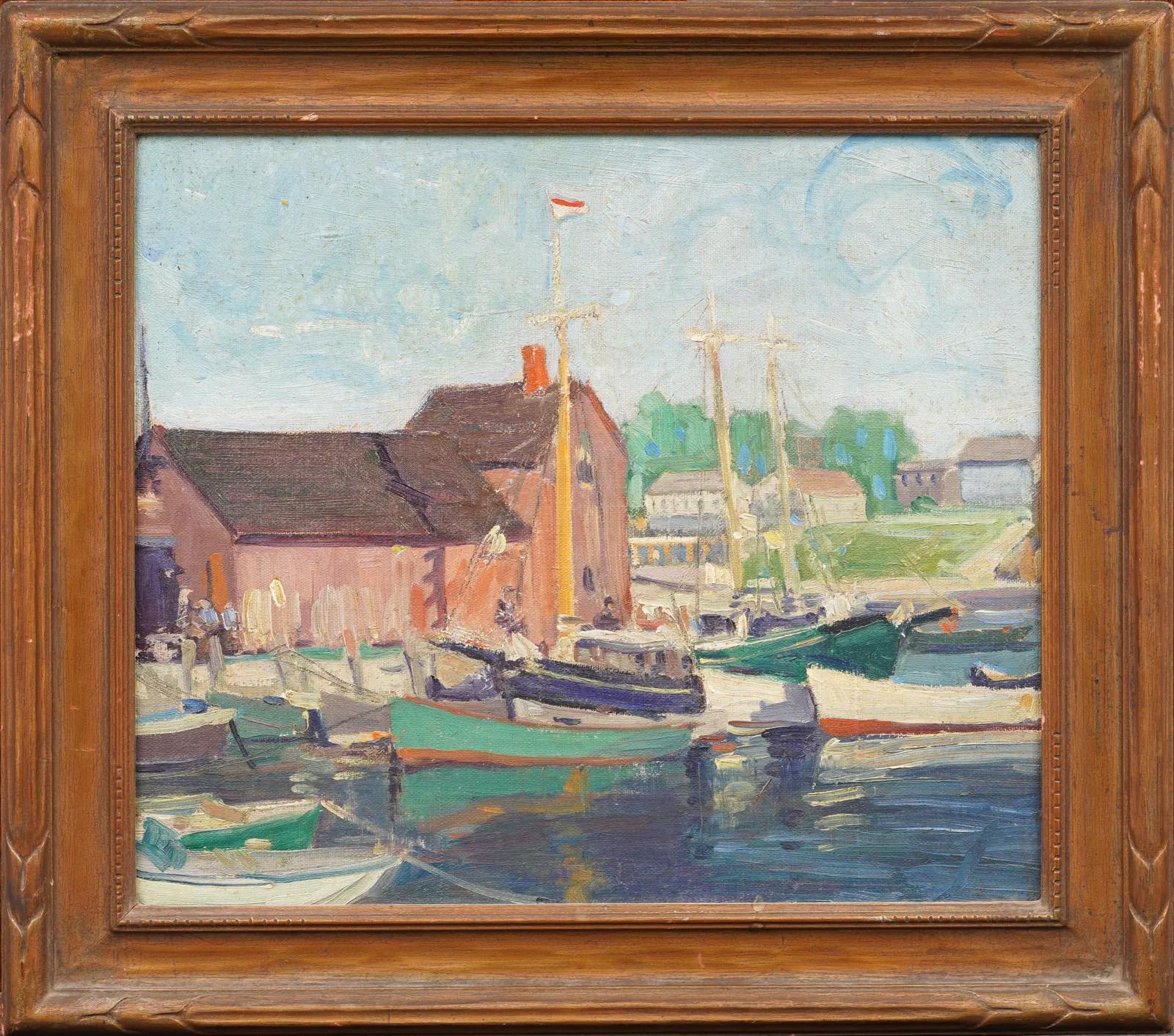 Antique American Impressionist Framed Seascape New England Dock Oil Painting - Brown Landscape Painting by Unknown