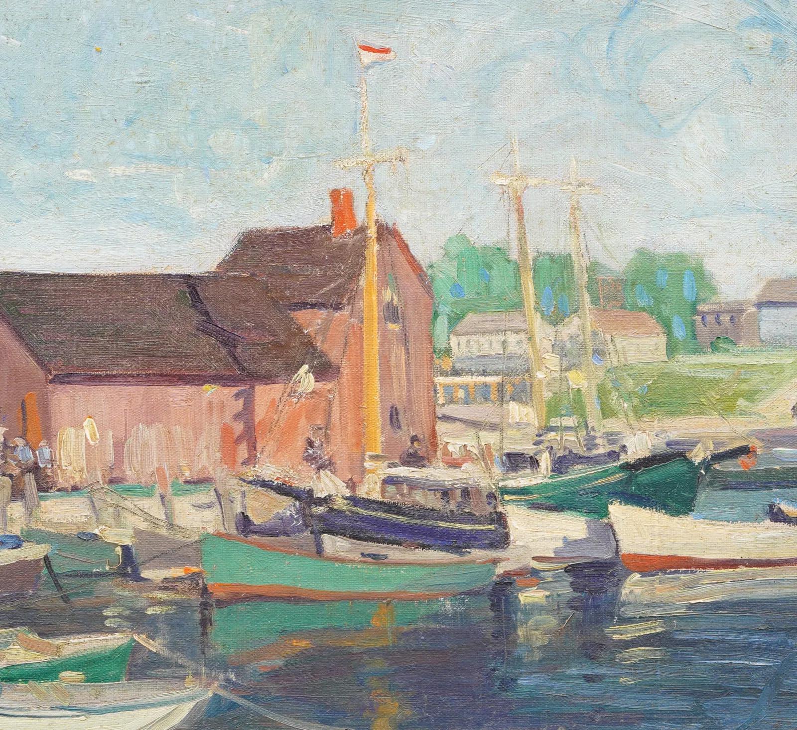 Antique American Impressionist Framed Seascape New England Dock Oil Painting 1