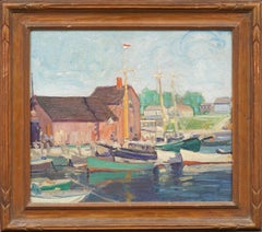 Antique American Impressionist Framed Seascape New England Dock Oil Painting