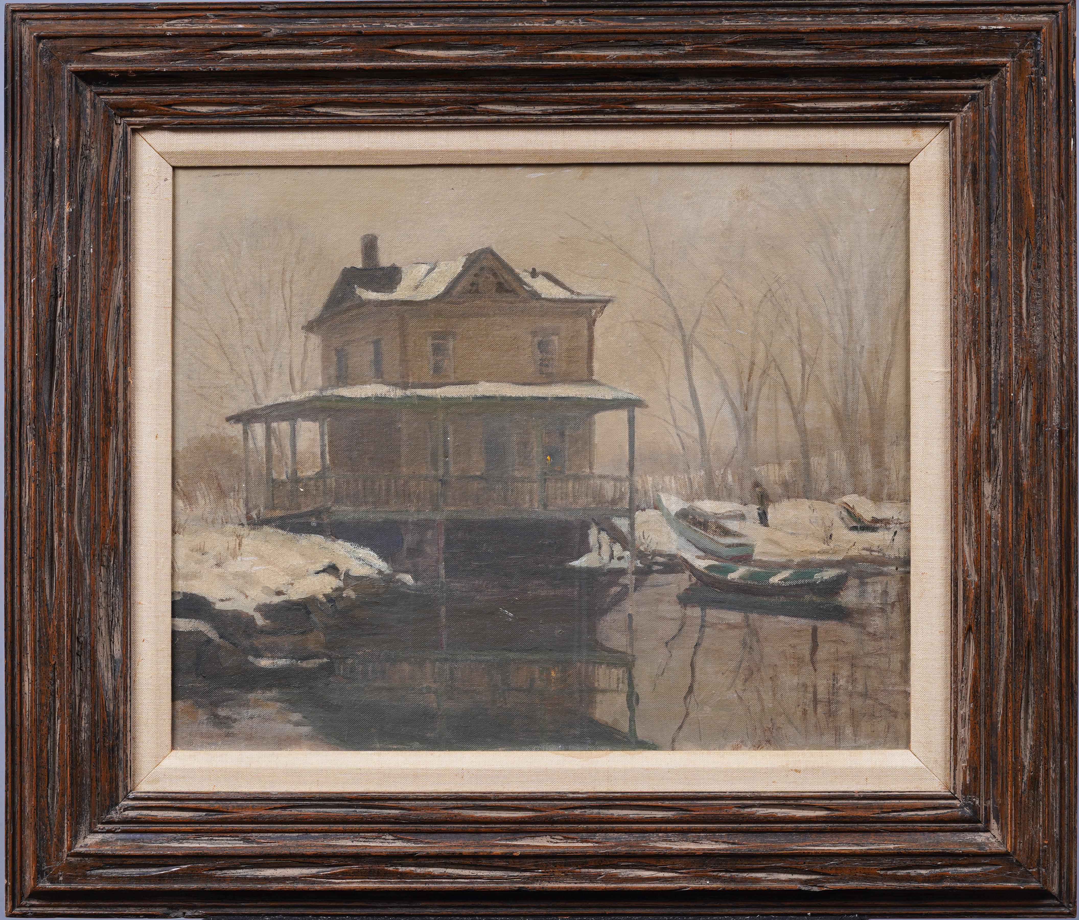 Antique American Impressionist Framed Winter Signed Snowy Landscape Oil Painting - Black Landscape Painting by Unknown
