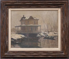 Antique American Impressionist Framed Winter Signed Snowy Landscape Oil Painting