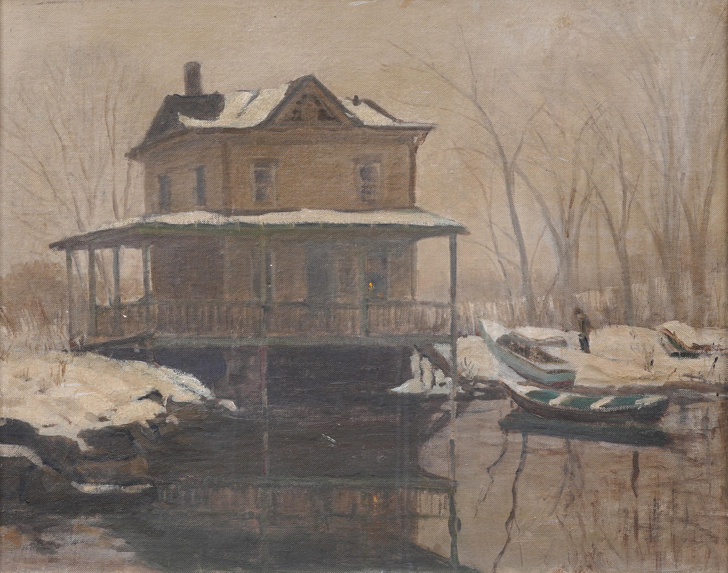 Circa 1930 American school winter impressionist landscape painting. Oil on board.  Framed.  Signed verso.  Image size, 16 by 20 inches.  
