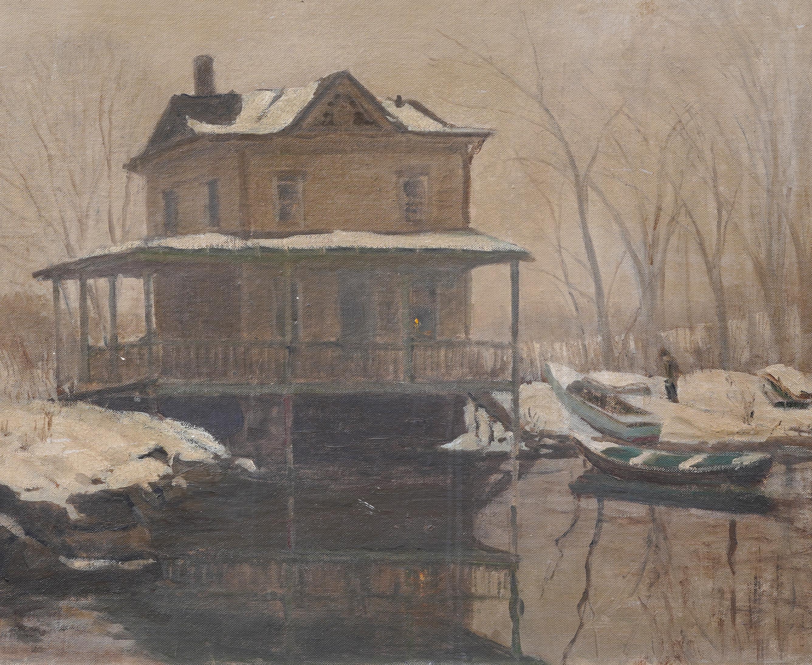 Antique American Impressionist Framed Winter Signed Snowy Landscape Oil Painting For Sale 1