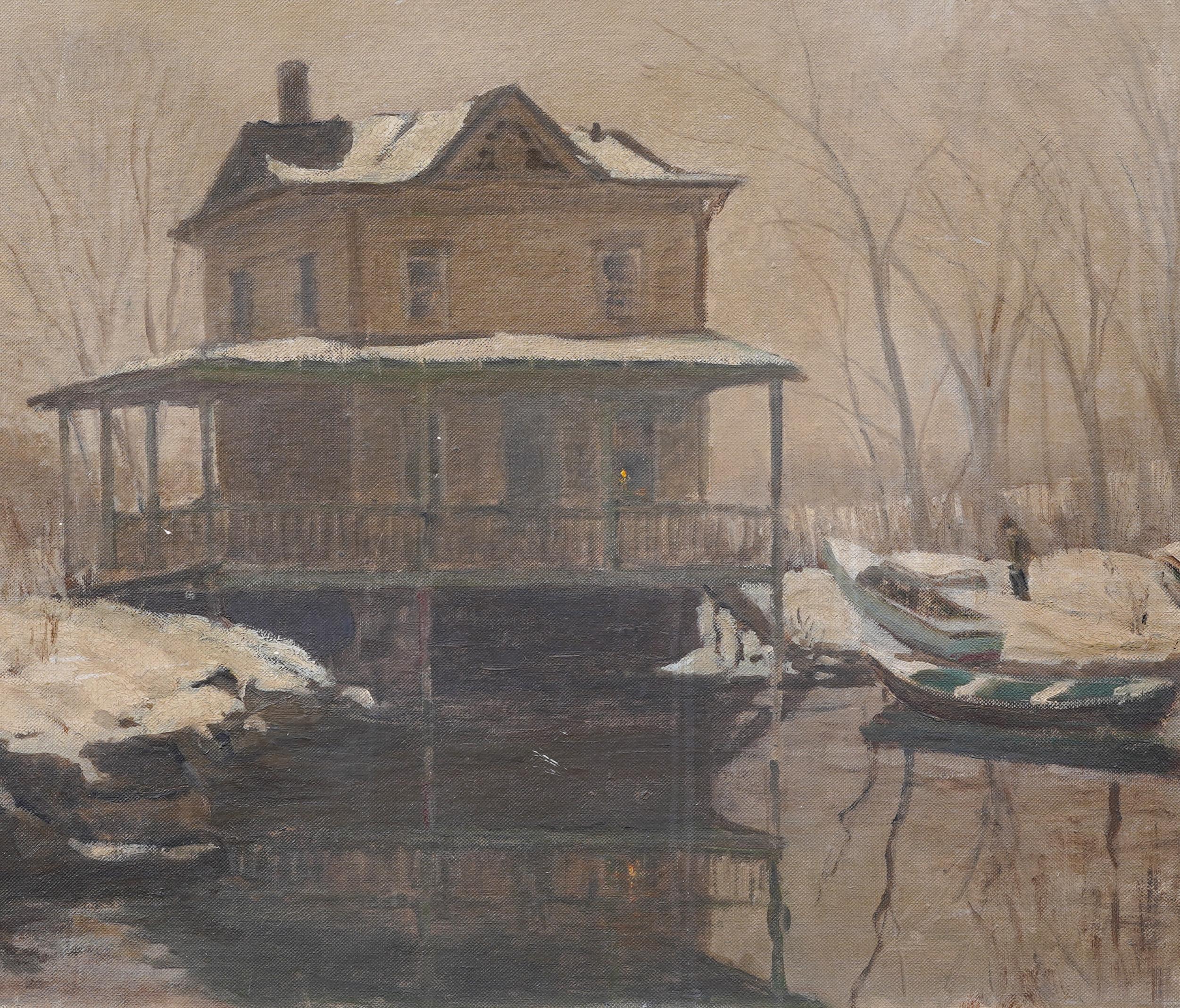 Antique American Impressionist Framed Winter Signed Snowy Landscape Oil Painting For Sale 2