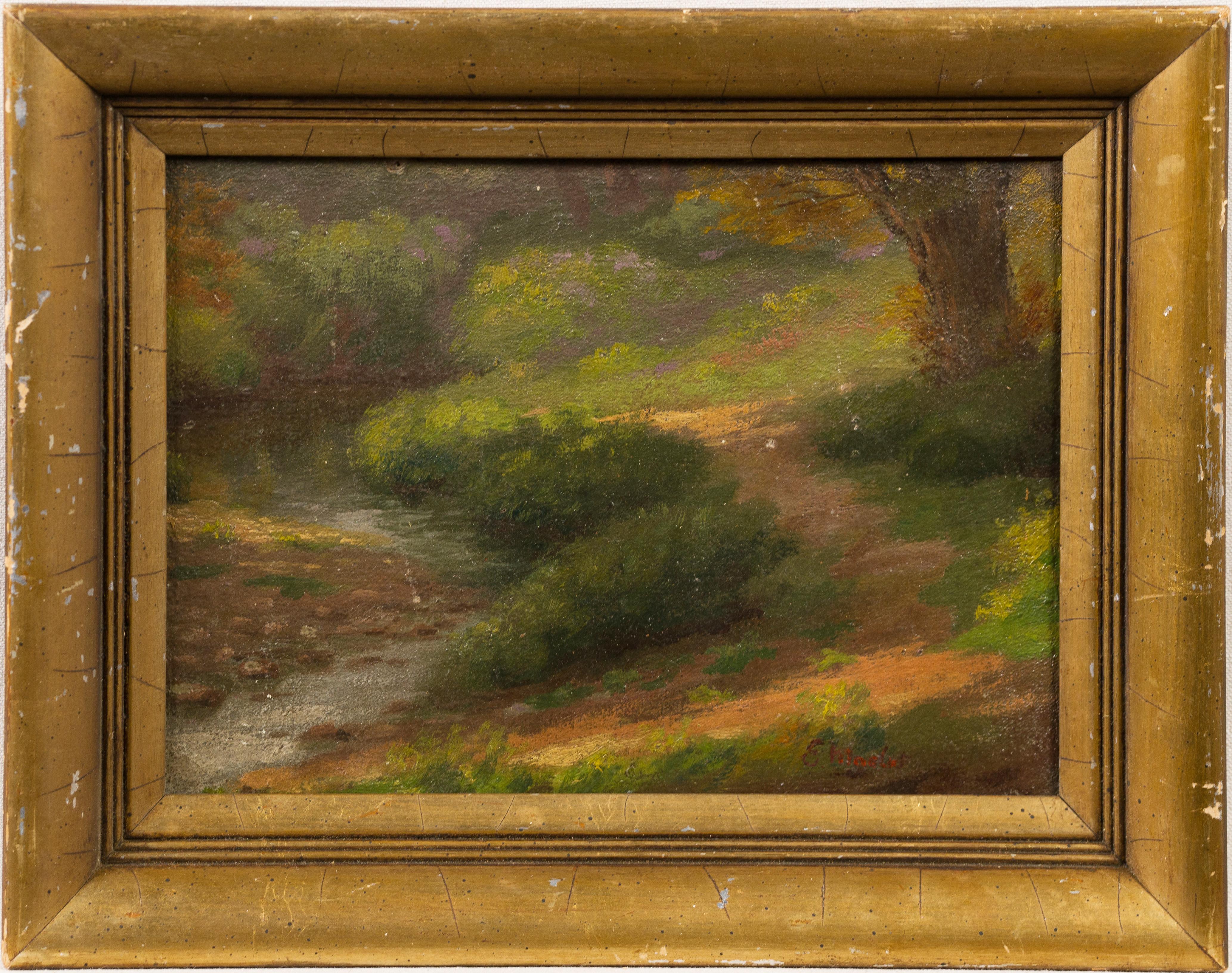 Antique American impressionist landscape oil painting.  Oil on canvasboard.  Framed.  Signed.