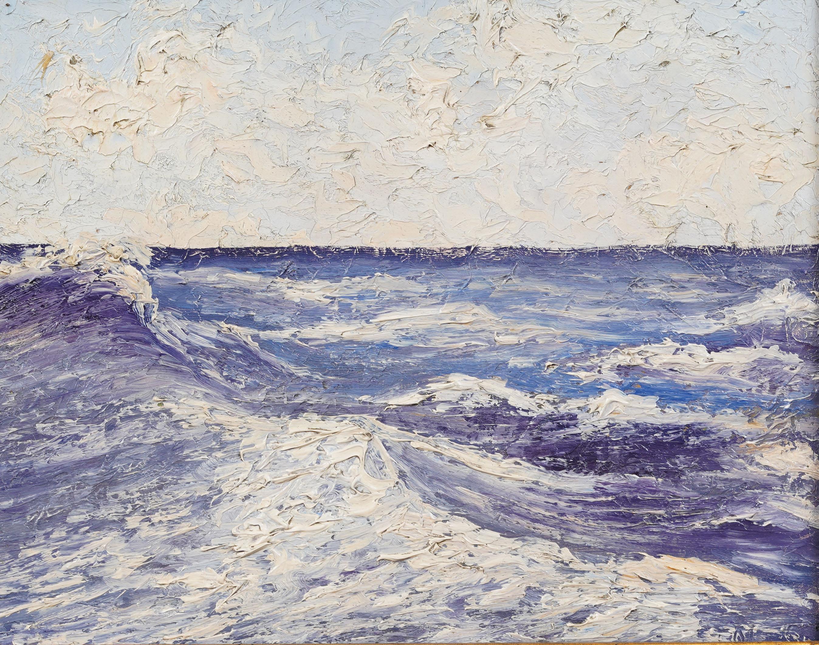 Antike amerikanische Impressionist Giltwood gerahmt Ocean Wave Seascape Ölgemälde (Braun), Landscape Painting, von Unknown