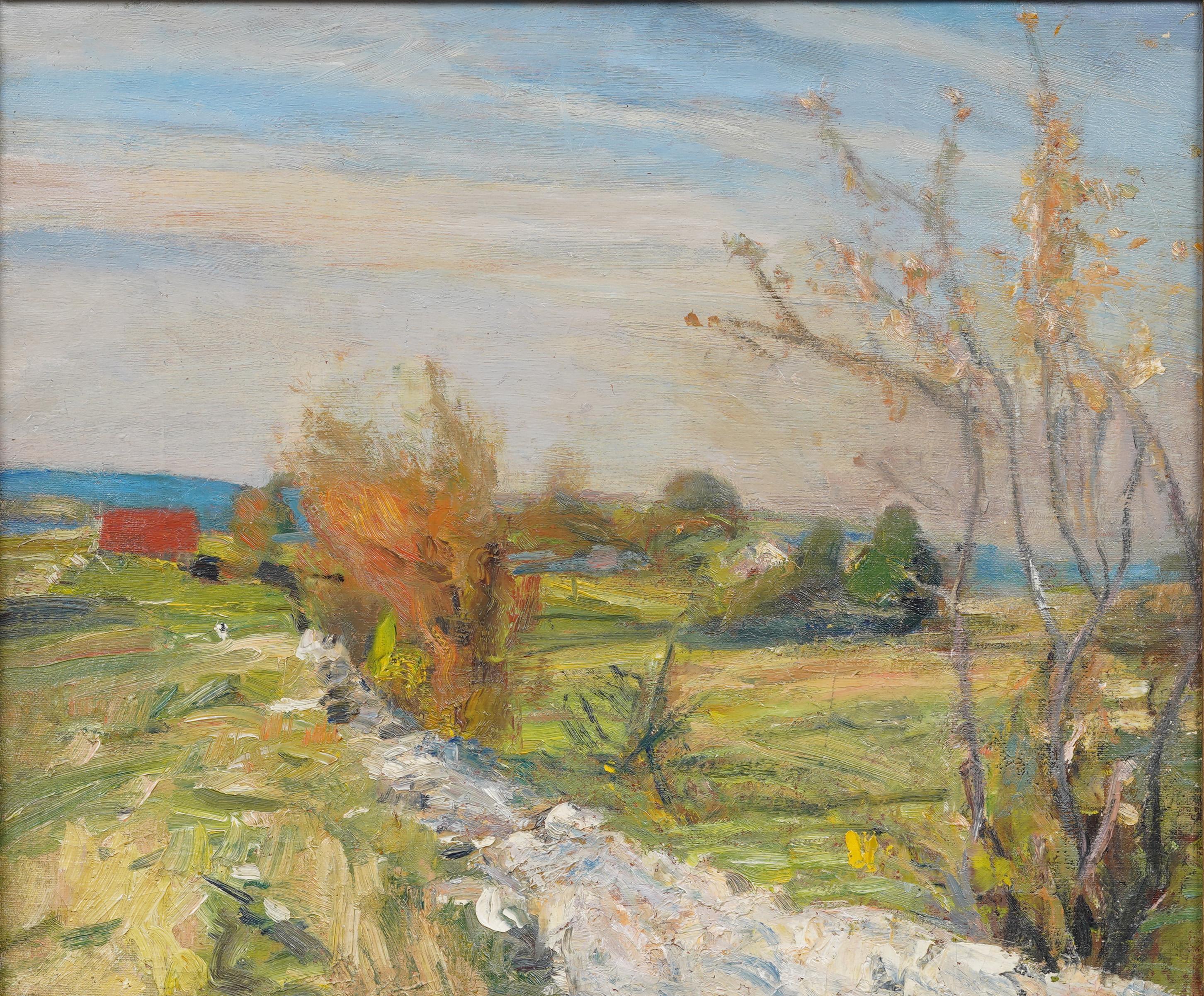 Antiguo cuadro de paisaje tradicional impresionista americano enmarcado en madera dorada - Painting Impresionista de Unknown