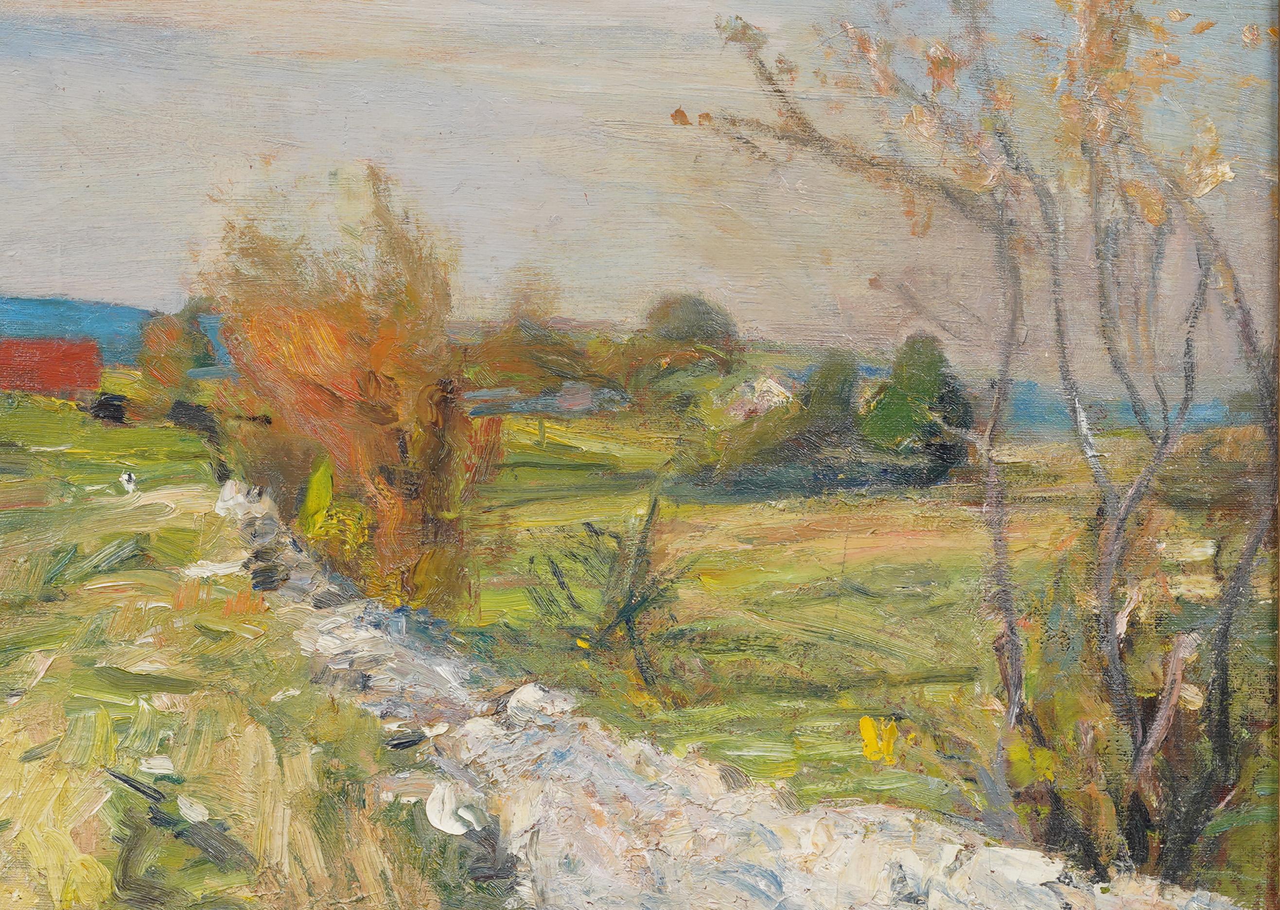 Óleo de paisaje impresionista de principios de 1900 muy finamente pintado.  Óleo sobre lienzo.  Enmarcado.  Tamaño de la imagen, 15 
