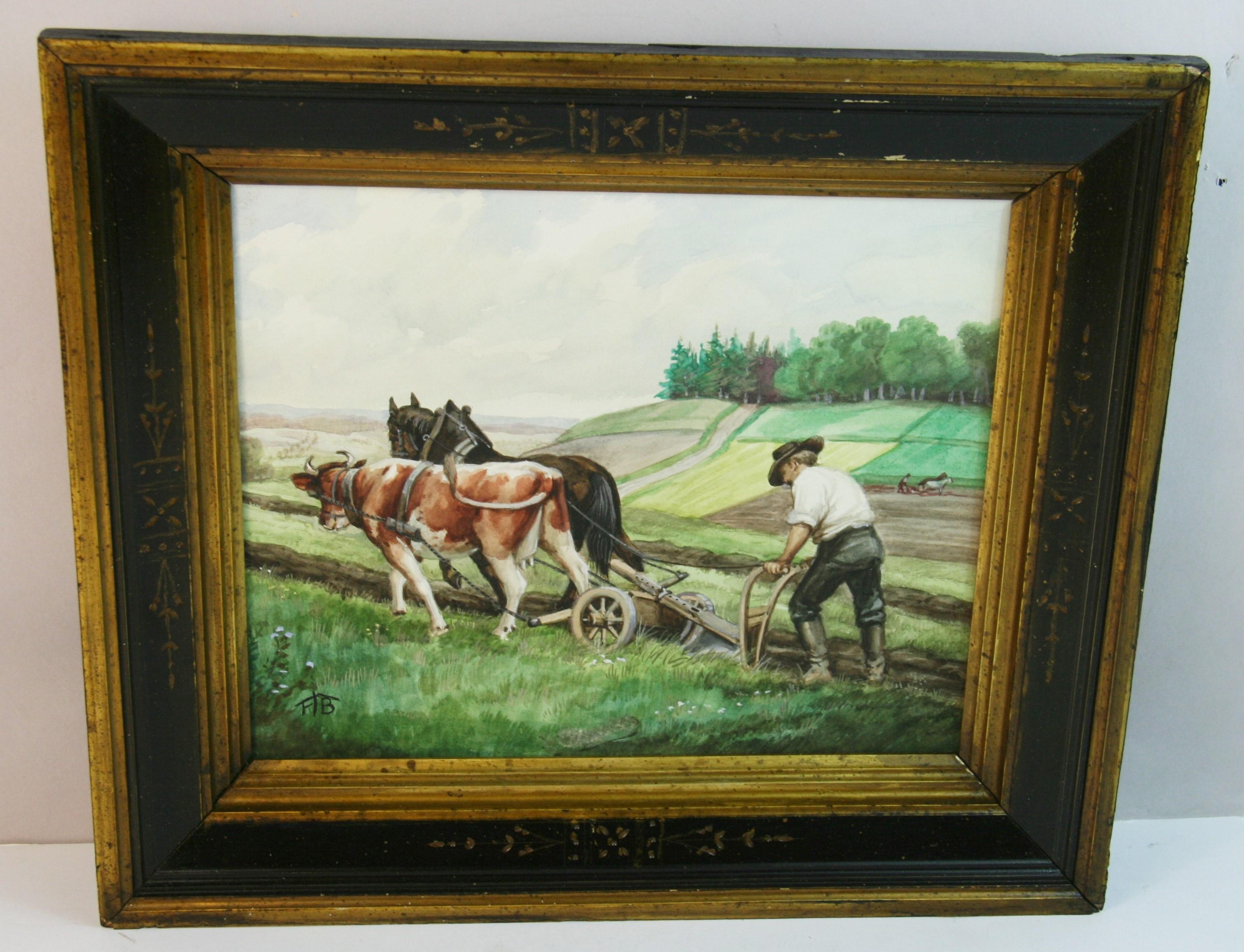 Unknown Landscape Painting – Antike Gouache eines amerikanischen Impressionisten: „Kuh und Pferd beim Pflügen des Feldes“