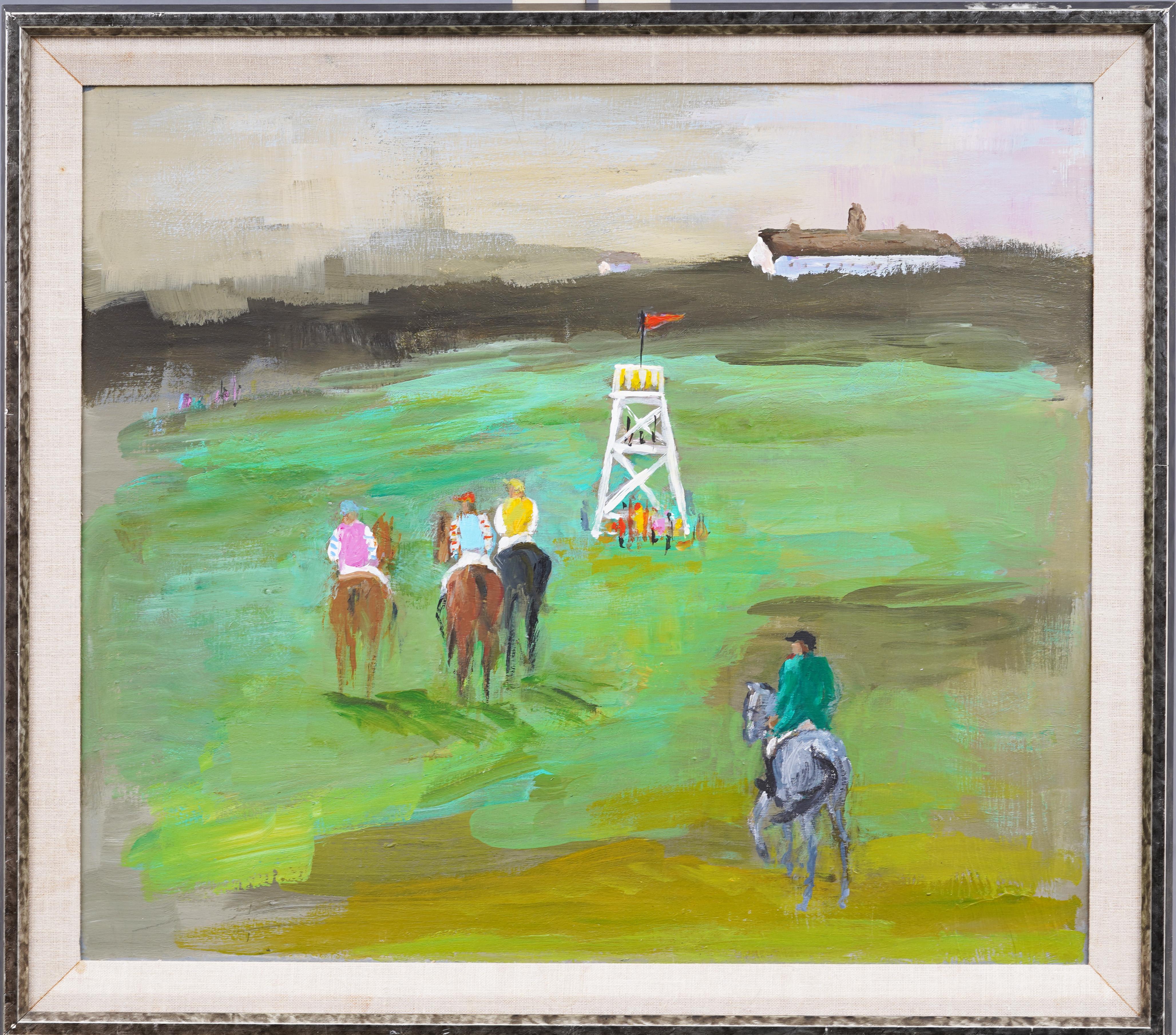 Very impressive mid century polo field modernist landscape.  Oil on canvas.  No signature found.  Framed.
