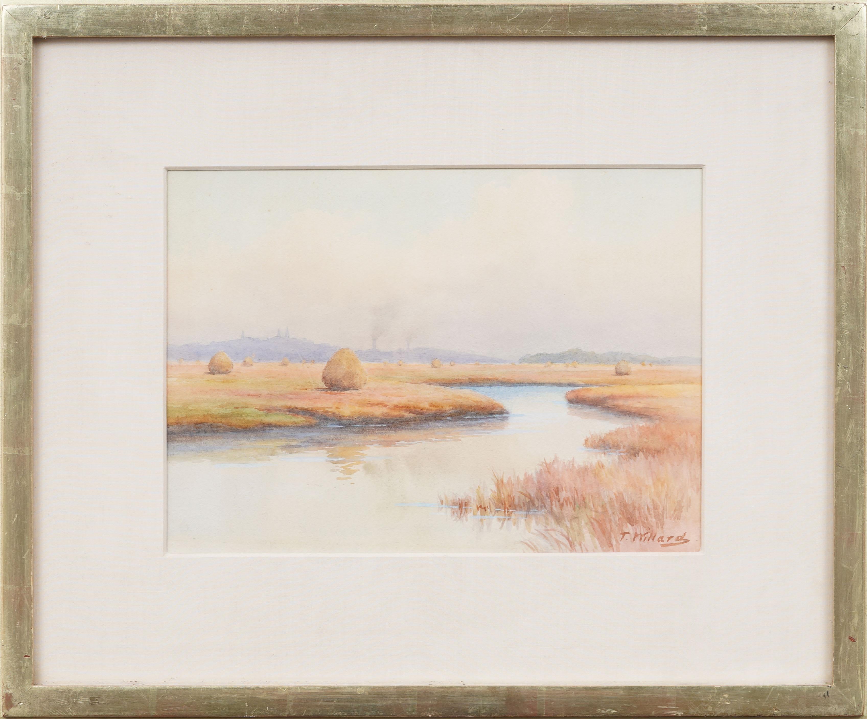 Antique American landscape  painting. Watercolor on paper.  Signed.  Framed. Measuring: 20 by 24 inches overall.  In excellent original condition. Handsomely framed in a  silver molding.  Excellent condition, ready to hang and enjoy. 