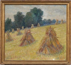 Antico dipinto ad olio impressionista americano con cornice in legno di paglia