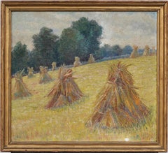 Antico dipinto ad olio impressionista americano con cornice in legno di paglia