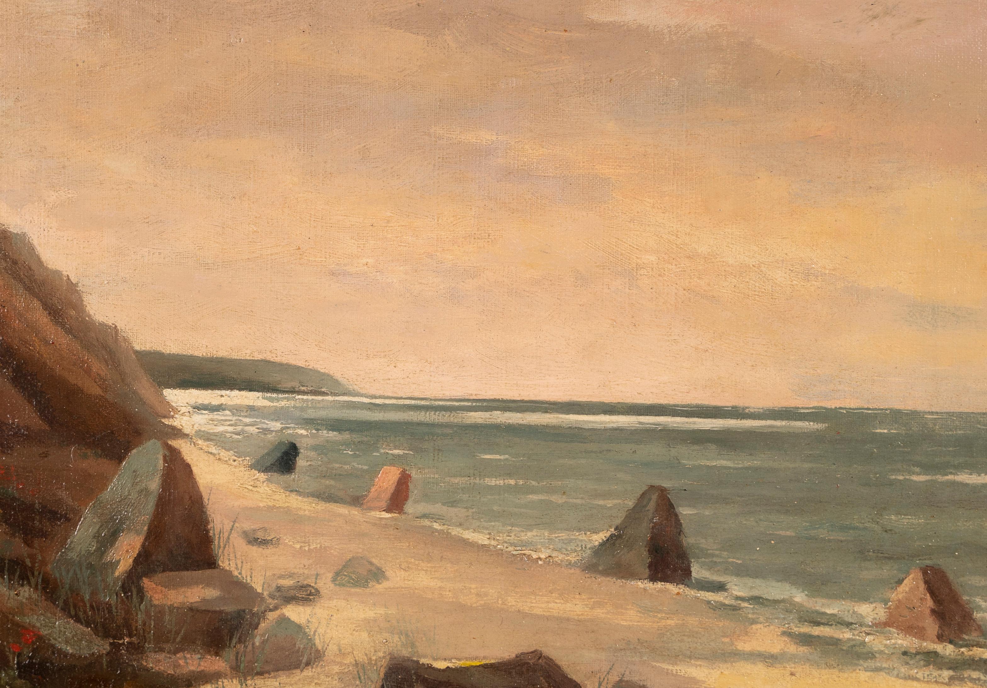 Antico dipinto impressionista di un paesaggio marino costiero.  Olio su tela, circa 1900.  Firmato in modo illeggibile.  Incorniciato.  Dimensioni dell'immagine, 18L x 12H.  