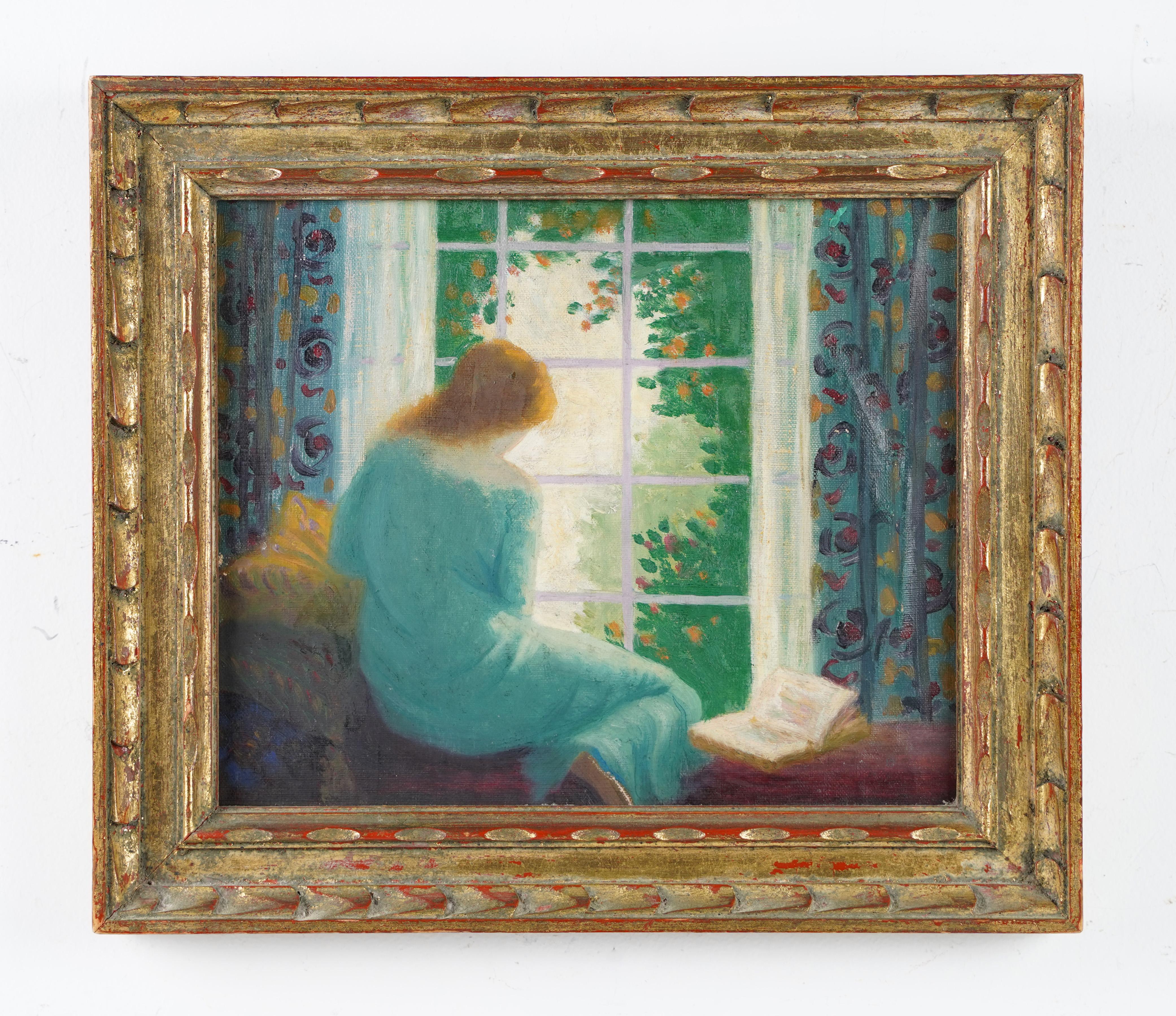 Antique American impressionist painting. Oil on board, circa 1900.  Housed in a giltwood frame.   Image size, 12L x 10H. 
