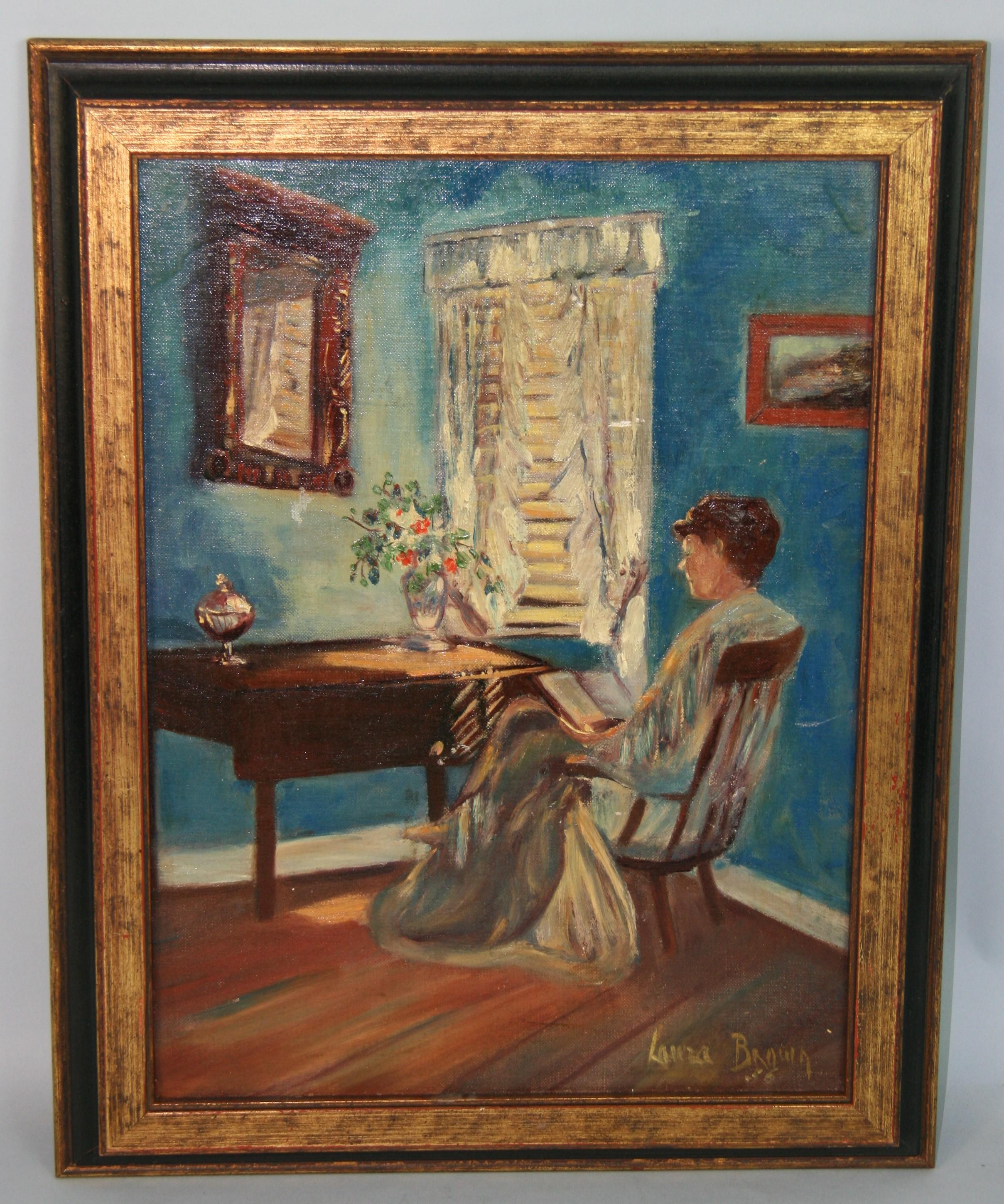 Antike amerikanische impressionistische Interieurszene, Frau beim Lesen durch das Fenster, 1956 – Painting von Unknown