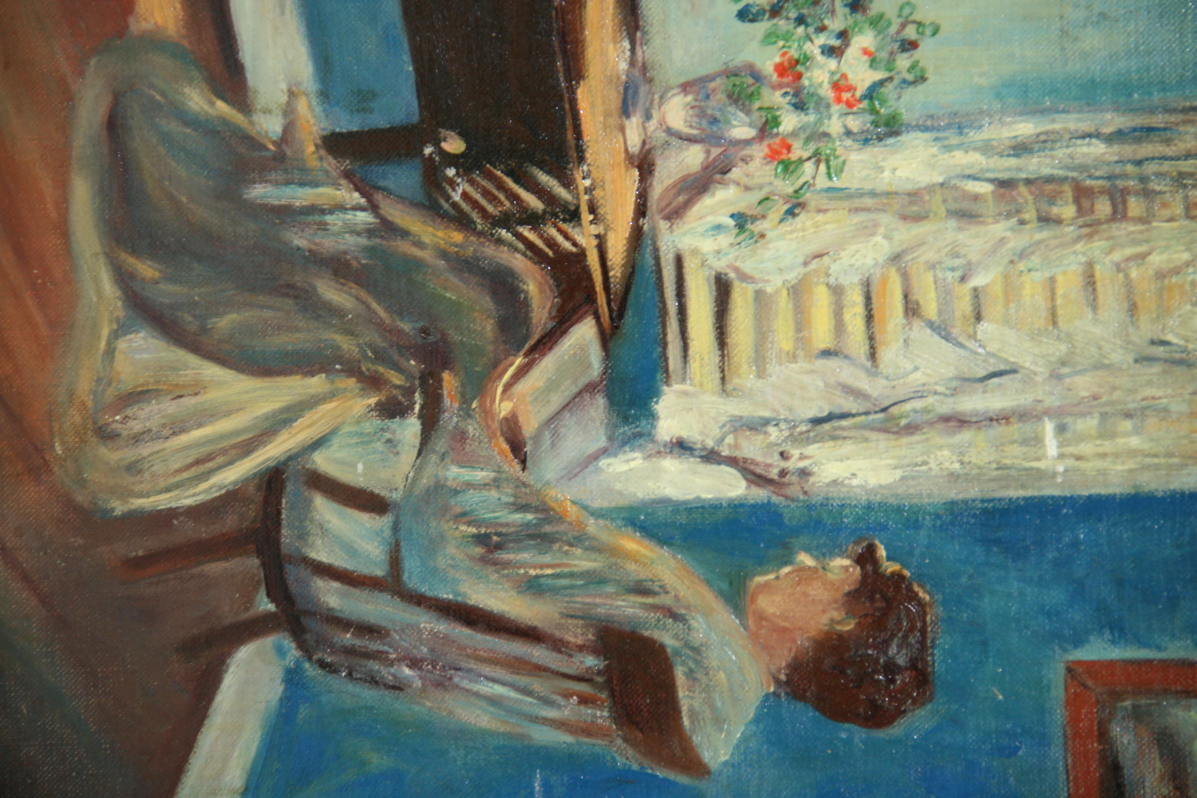 Antike amerikanische impressionistische Interieurszene, Frau beim Lesen durch das Fenster, 1956 im Angebot 1