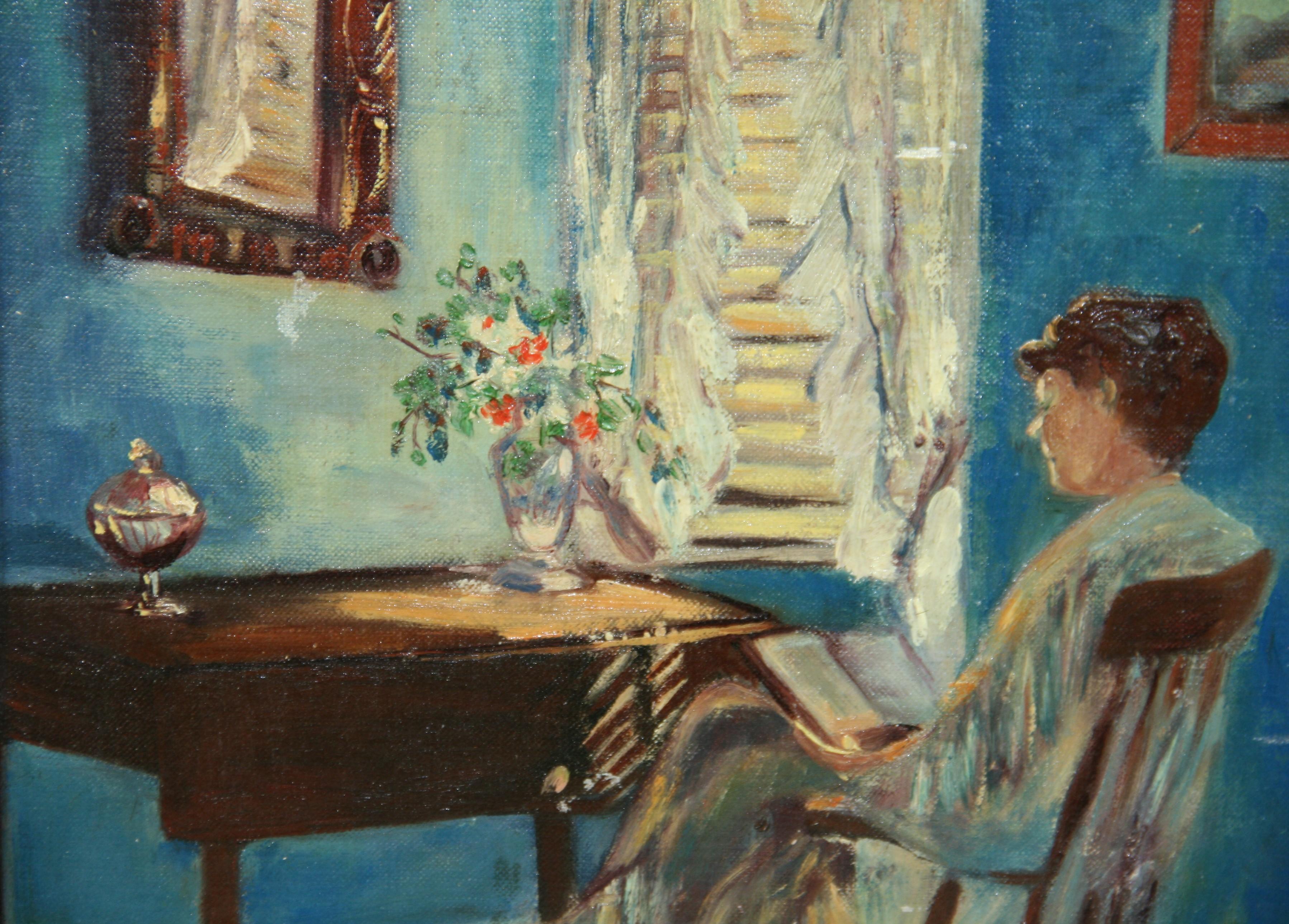 Antike amerikanische impressionistische Interieurszene, Frau beim Lesen durch das Fenster, 1956 im Angebot 3