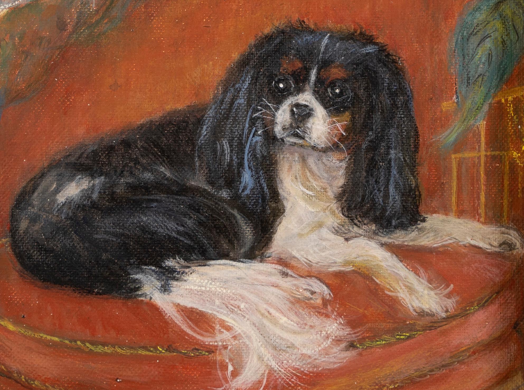 Antique American Impressionist King Charles Cavalier Spaniel Dog Parrot Painting - Brown Interior Painting by Unknown